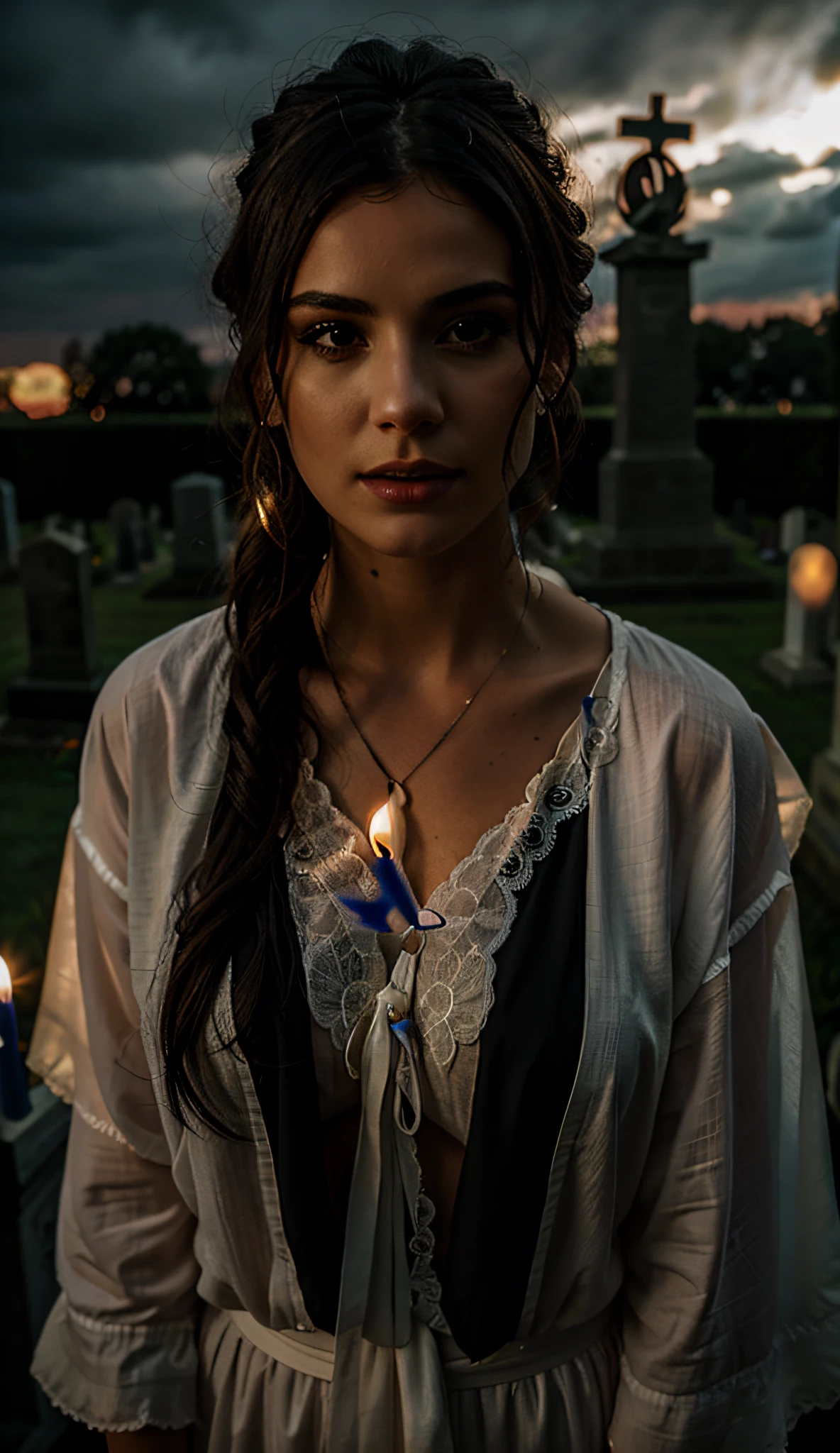 Female wizard, very detailed wizard, Wiccan makeup. The hideous beasts looks very angry and ready to cause chaos, DEVIL SPAWN. Halloween, cemetery, candles, sharp light and shadows, night, etherial mist, moonlight, horizon, panorama, ray tracing, DSLR, UHD, 8k, photorealistic, masterpiece, award-winning