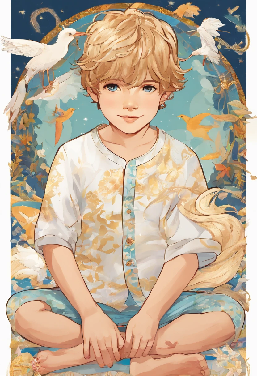 Behold the charming creation brought to life by cutting-edge AI technology! This endearing illustration features a blond-haired boy in his cozy pajamas, exuding an enchanting stork-like aura.

The AI's meticulous attention to detail has produced a delightful character with flowing, sun-kissed blond hair. Each strand is beautifully rendered, lending a natural and youthful charm to our protagonist. His hair cascades gracefully, framing his angelic face, and adding a touch of innocence to the overall composition.

Dressed in comfortable and stylish pajamas, the boy is ready for bedtime adventures or perhaps a magical journey in dreamland. The pajamas are designed with a stork motif, featuring delicate feathers, and soft, pastel colors that evoke a sense of tranquility and serenity. The stork design adds a whimsical touch to the ensemble, symbolizing the delivery of dreams and aspirations.

The AI has brought out the boy's personality through endearing facial features and an expression that radiates curiosity and wonder. His bright blue eyes sparkle with youthful enthusiasm, and his rosy cheeks hint at the joy of childhood innocence. The faintest hint of a smile graces his lips, inviting viewers into his world of imagination.

This AI-generated masterpiece seamlessly blends creativity and technology, creating an enchanting portrayal of a blond-haired boy in pajamas with a stork-style twist. Whether you use it for artistic inspiration, storytelling, or simply to appreciate the wonders of AI-generated art, this creation is sure to capture hearts and ignite the imagination.