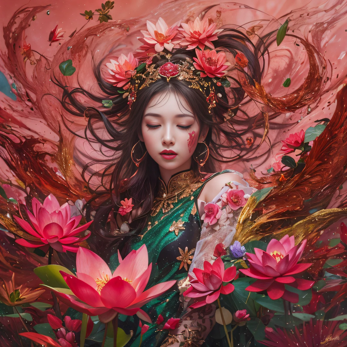 Full body 32K（tmasterpiece，k hd，hyper HD，32K）Eat with gusto，（abstract ink splash：1.2）Flowing rouge，ponds，zydink， a color，  Asian people （faeries）， （long leges）， Combat posture， looking at the ground， Burgundy complexion， Flowing rouge curls，Red onyx emerald emerald headdress， Chinese long-sleeved black gold garment， （abstract ink splash：1.2）， Pink lotus background，Water lily flower protector（realisticlying：1.4），Rouge hair，Autumn is in full swing，The background is pure， A high resolution， the detail， RAW photogr， Sharp Re， Nikon D850 Film Stock Photo by Jefferies Lee 4 Kodak Portra 400 Camera F1.6 shots, Rich colors, ultra-realistic vivid textures, Dramatic lighting, Unreal Engine Art Station Trend, cinestir 800，Large curls，Flowing rouge，Best quality,, GBFthalatha, cheerfulness, Closed eyes