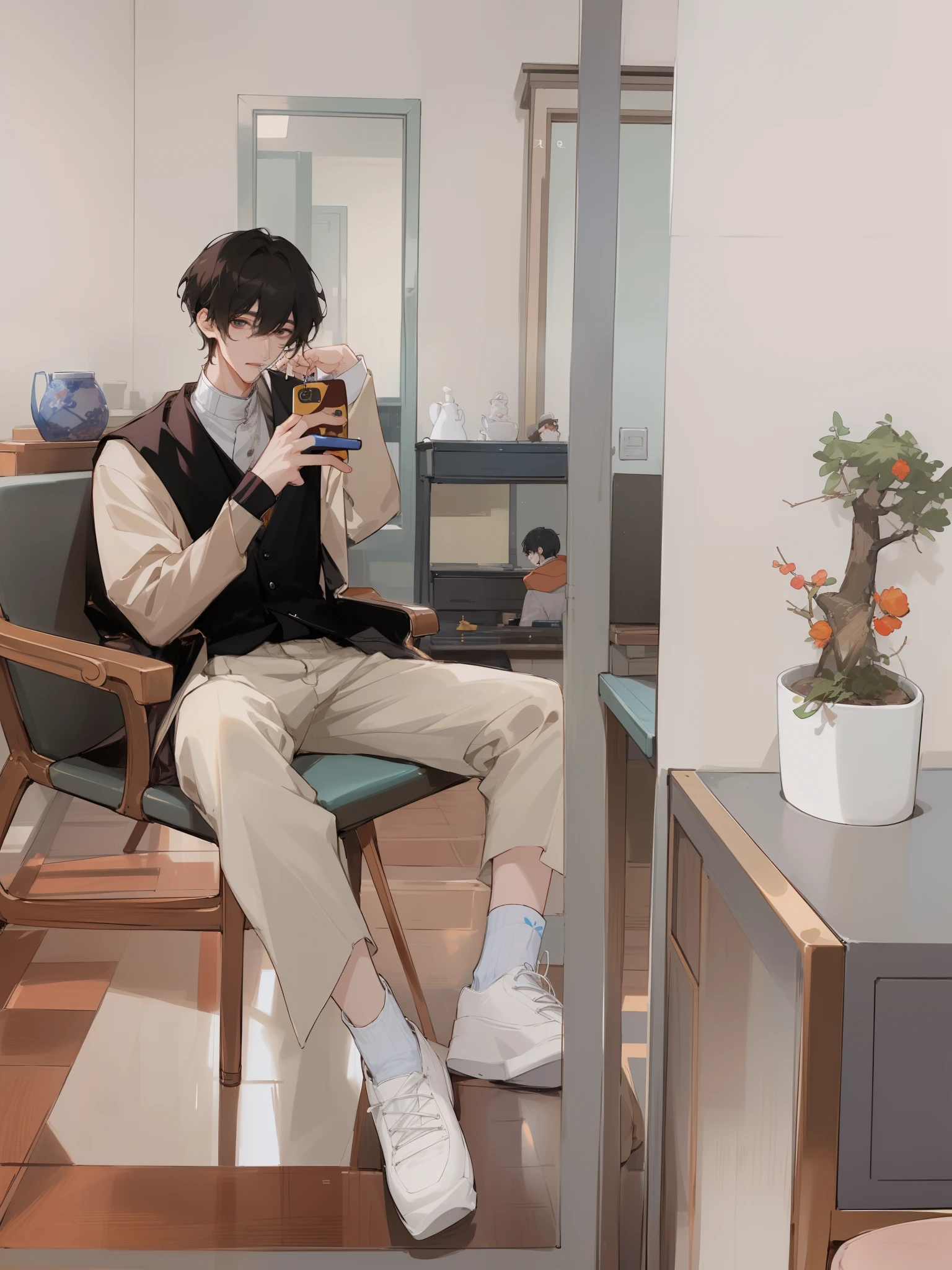 there is a man sitting in a chair with a cell phone, cai xukun, male ulzzang, hyung tae, kim doyoung, jung jaehyun, with long hair, jinyoung shin, ulzzang, with short hair, inspired by Bian Shoumin, taejune kim, hong june hyung, wearing a fisher 🧥, smooth in _ the background