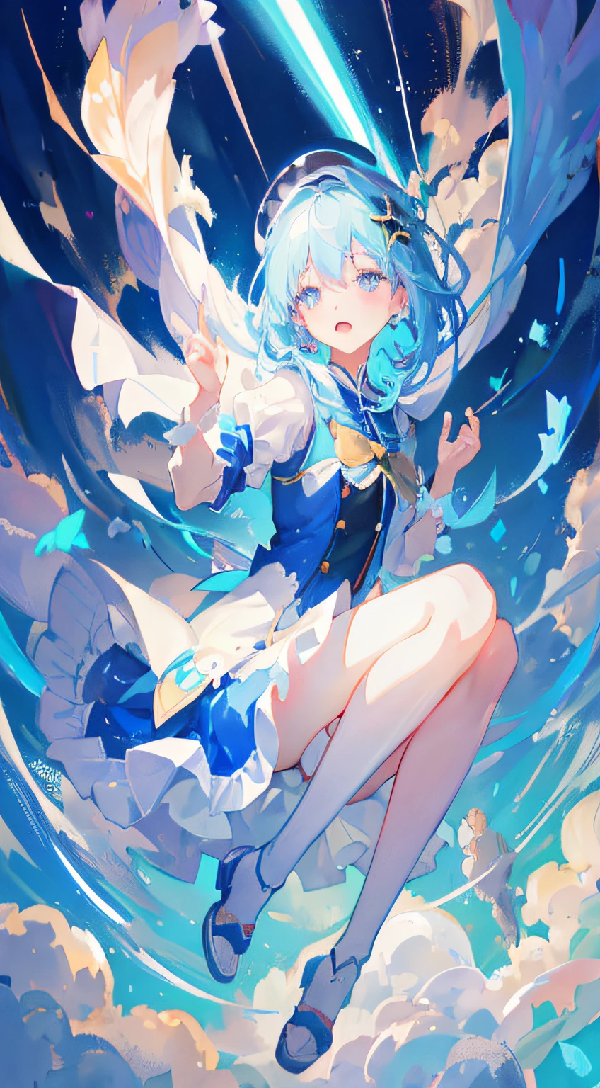 anime girl flying through the air with a blue and white dress, trending on artstation pixiv, splash art anime , zerochan art, pixiv contest winner, digital art on pixiv, guweiz on pixiv artstation, anime art wallpaper 8 k, clean detailed anime art, anime fantasy illustration, beautiful anime artwork, anime face, masterpiece, high quality