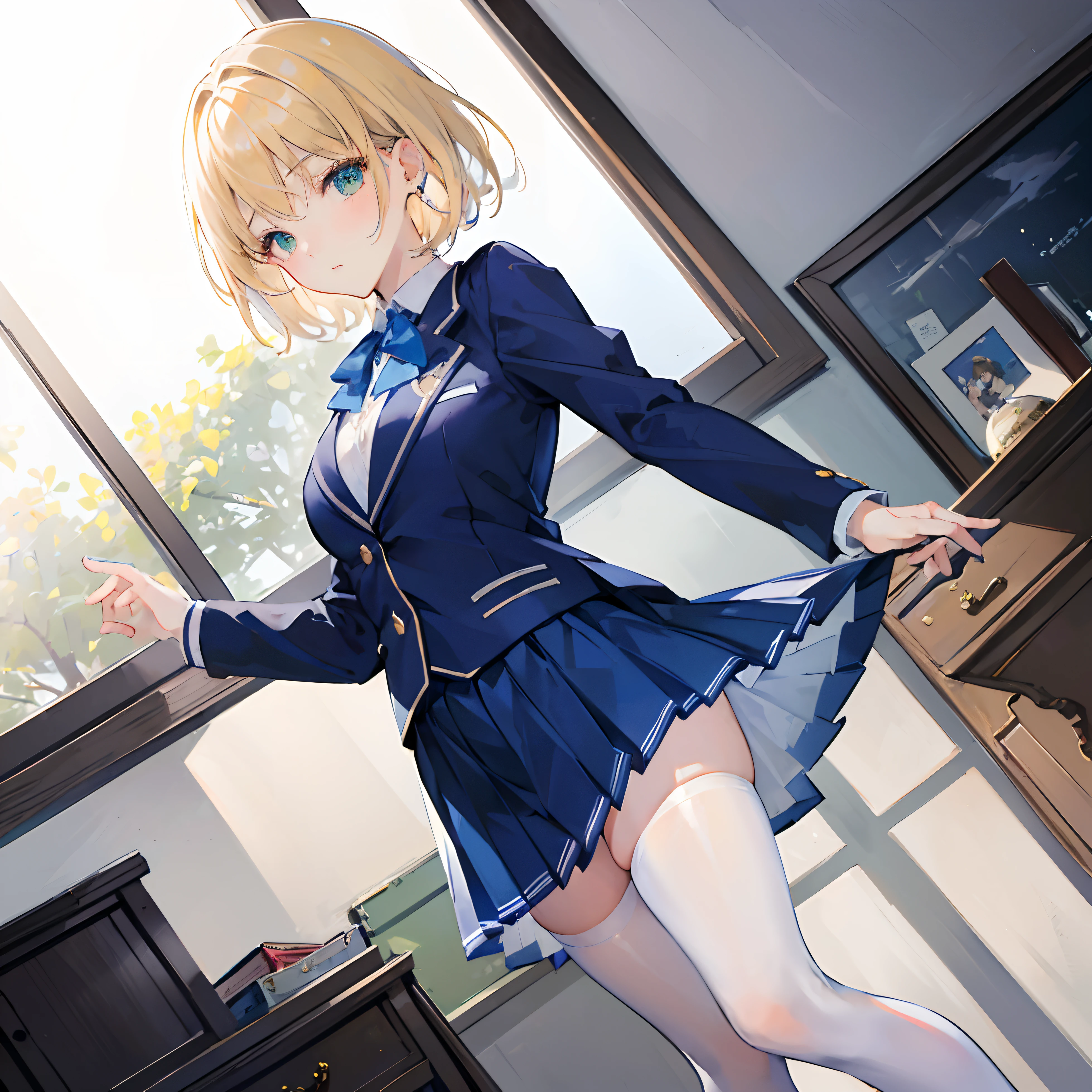 1girl, ass, blue eyes, blonde hair, looking back, hetero, 1boy, skirt, open mouth, solo focus, ass grab, short hair, looking at viewer, headphones, indoors, detached sleeves, window, bangs, smile, from behind, blush, underwear, panties, clothing cutout, bare shoulders, ass focus, blue skirt, skirt lift, breasts, dress, thighs, deep skin, pov