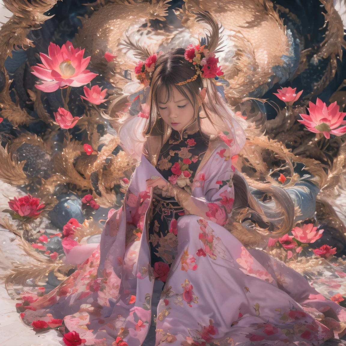 Full body 32K(tmasterpiece,k hd,hyper HD,32K)Eat with gusto,(abstract ink splash:1.2)Flowing rouge,ponds,zydink, a color, Asian people (faeries), (long leges), Combat posture, looking at the ground, Burgundy complexion, Flowing rouge curls,Red onyx emerald emerald headdress, Chinese long-sleeved black gold garment, (abstract ink splash:1.2), Pink lotus background,Water lily flower protector(realisticlying:1.4),Rouge hair,Autumn is in full swing,The background is pure, A high resolution, the detail, RAW photogr, Sharp Re, Nikon D850 Film Stock Photo by Jefferies Lee 4 Kodak Portra 400 Camera F1.6 shots, Rich colors, ultra-realistic vivid textures, Dramatic lighting, Unreal Engine Art Station Trend, cinestir 800,Large curls,Flowing rouge,Best quality,, GBFthalatha, cheerfulness, Closed eyes