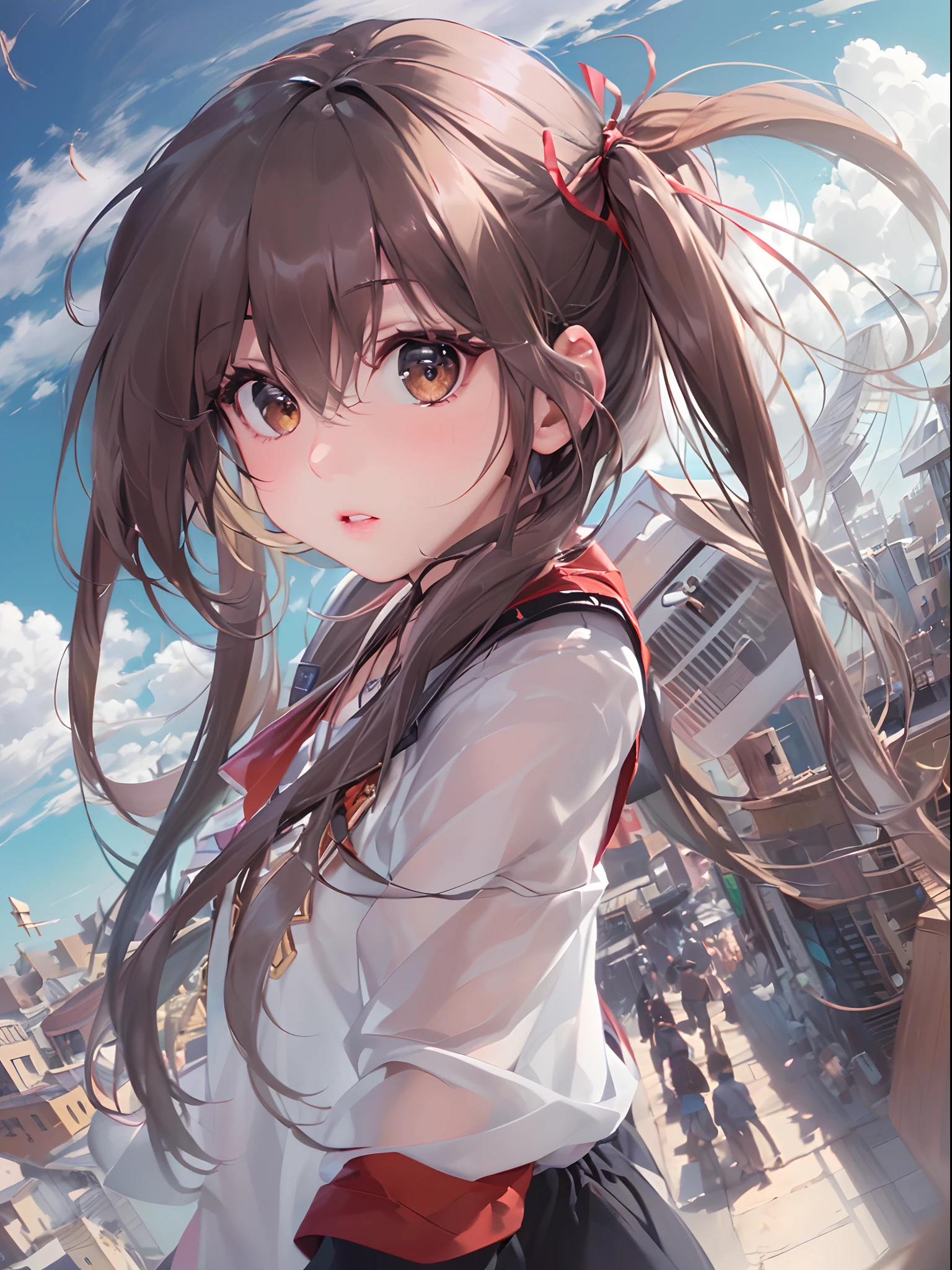 (((hakurei reimu:1.1,)))(((long hair,pointy hair,long bangs,high ponytail,french braid,brown hair,brown eyes, nontraditional miko,leather gloves)),((((((Break,design an image with fisheye lens effect,capturing a wide field of view with a distinctive, curved perspective.Break,)))))((1girl:1.1,Solo,))(Masterpiece,Best quality, offcial art, Beautiful and aesthetic:1.2),((超高分辨率,)) (16k),((dynamic posture:1.2)),((((hair ribbons,hair tubes,))))Dynamic lighting,(((rich background,)))(((microshot))))(Sunset,)(((((((flying on the clouds,90's street clothes,,))))))),((hypersurreal,))((expressive hair)),Physically-based rendering,automatic white balance),Amazing,Sharp focus,Natural background, (((highdetailskin,)))Dynamic lighting,Intricately detailed clothing,((((straight hair,))))Slender,((breeze)),(masterpiece sidelighting),(The sheen),(((Delicate fingers and hands:0.55))::0.85))),(Detail fingers),(((Superior photographic quality,)))),((unbelievable Ridiculous,))((extremely_Detailed_Eyes_and_face)),(supple hair),(Dynamic configuration: 1.2),Brilliant,Striking contrast,High saturation,Sony F and 24-105mm f / Use a Sony Alpha 4 mirrorless camera with 1G OSS lenses, reflector, (hyper realisitic:1.4),ceramic body