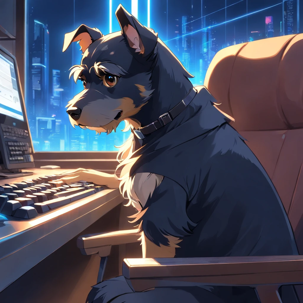Master Parts, schnauzer, matrix style, Black coat, Type with the keyboard, Sitting in a chair in front of a PC, Lunette de soleil, Dynamic Angle, Best Quality, 4K,without background