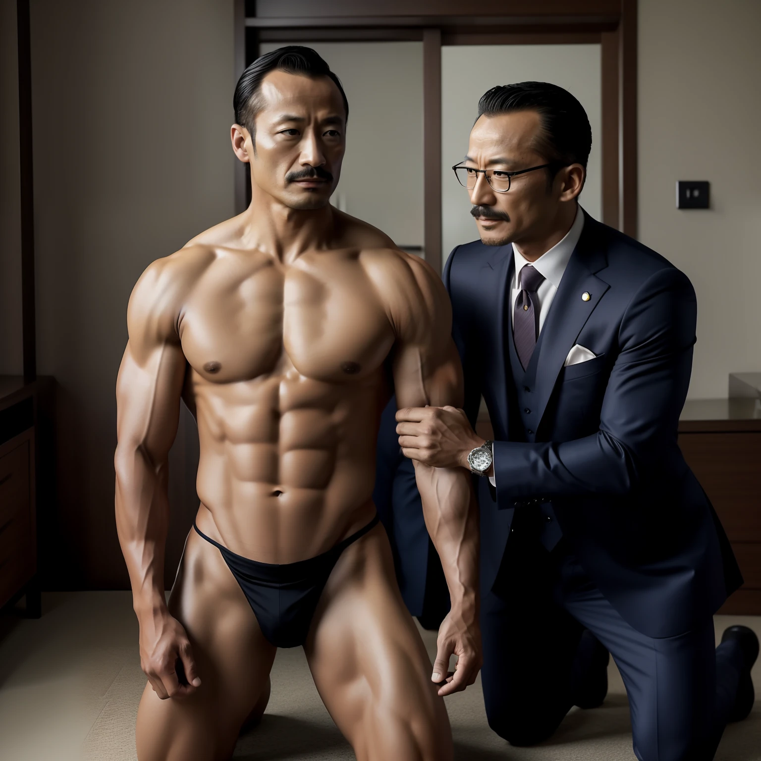 45 yers old，Hidetoshi Nakata ，（Kogoro Mouri 1.3），Two muscular men kneel，Naked upper body，Crotch contour，with mustache，tmasterpiece，k hd，Business suit，greys