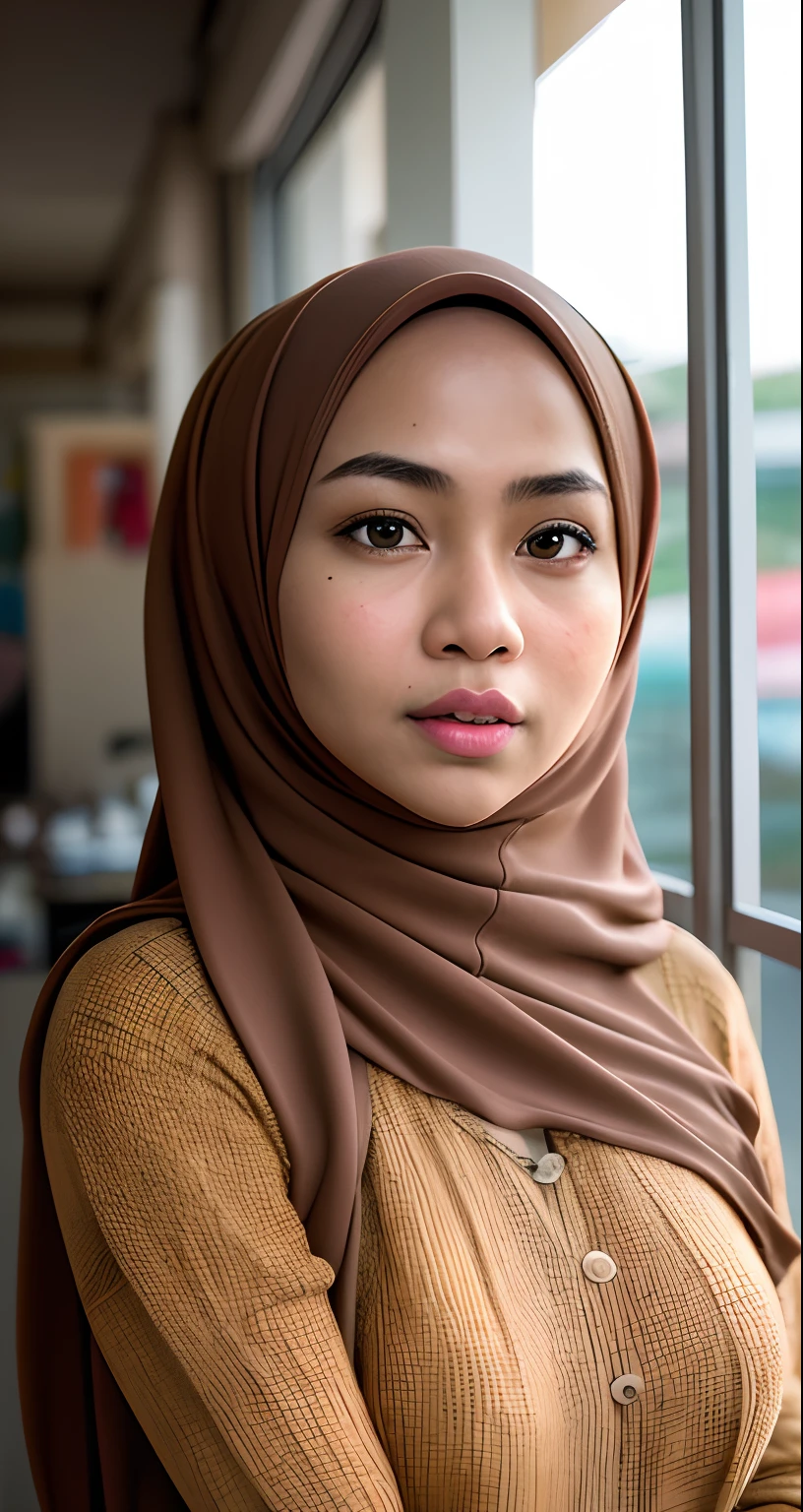 Craft an outstanding portrait that celebrates the beauty and individuality of a Malay girl, bright golden brown hair. very long wavy hair, Showcase her personality and story through creative composition and lighting. Use natural light or unique artificial lighting to add depth and character to the portrait. Pay attention to the details of her hijab, clothing, and accessories, highlighting their textures and colors. Encourage the subject to express her emotions and character through her gaze and pose, creating a compelling and empowering portrait that captures her strength and uniqueness.