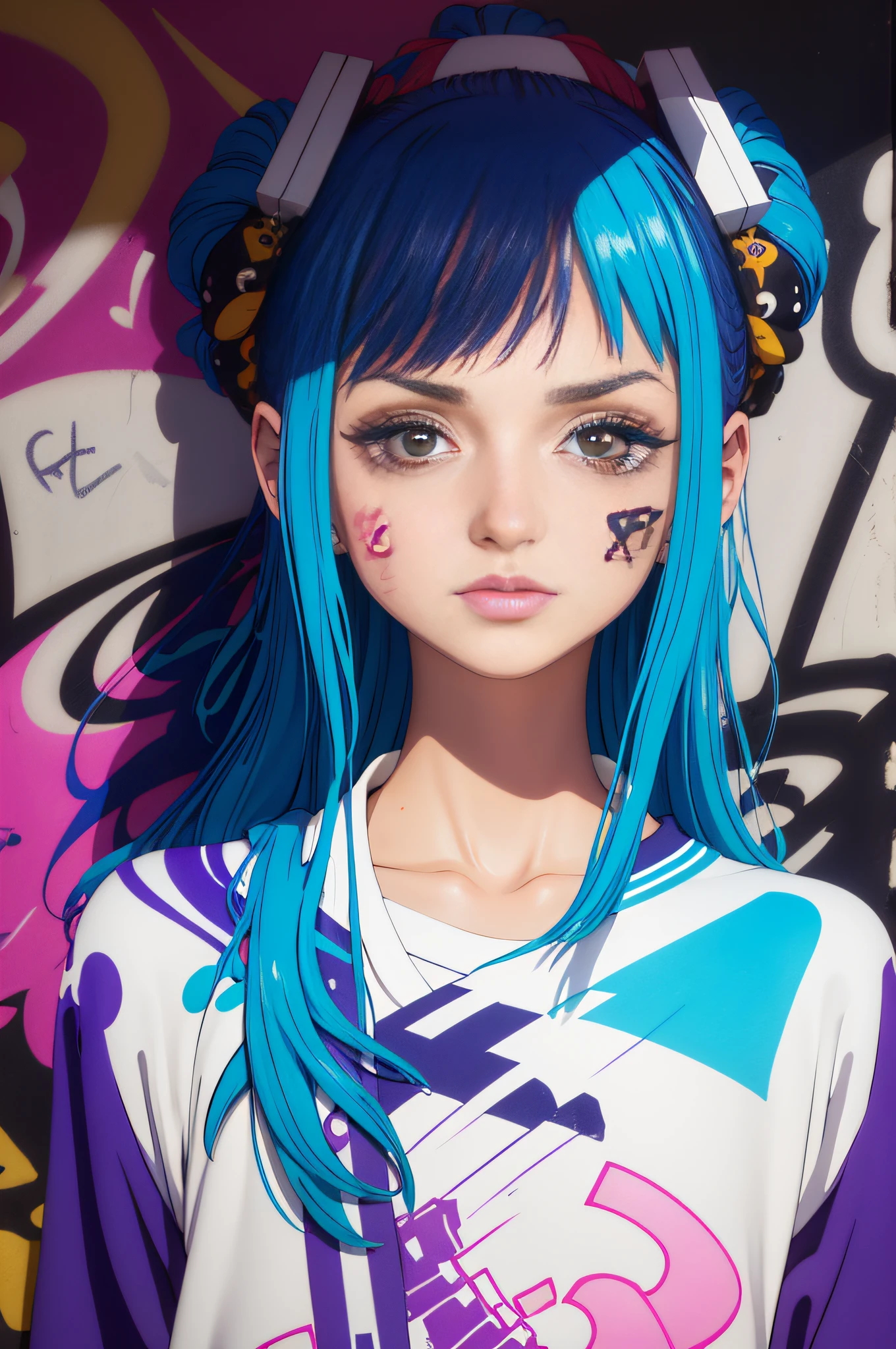 (Best quality), Masterpiece, Extremely detailed CG uniform 8K illustration, High color, Extremely high color saturation, All colors are deepened, Paint, scribble art, Center composition, Extremely detailed light and shadow, graffiti wall, The walls are brightly painted, 1 girl graffiti 1 girl looking at the wall, Extremely detailed face and eyes, Medium length hair, Sportswear, Colored clouds