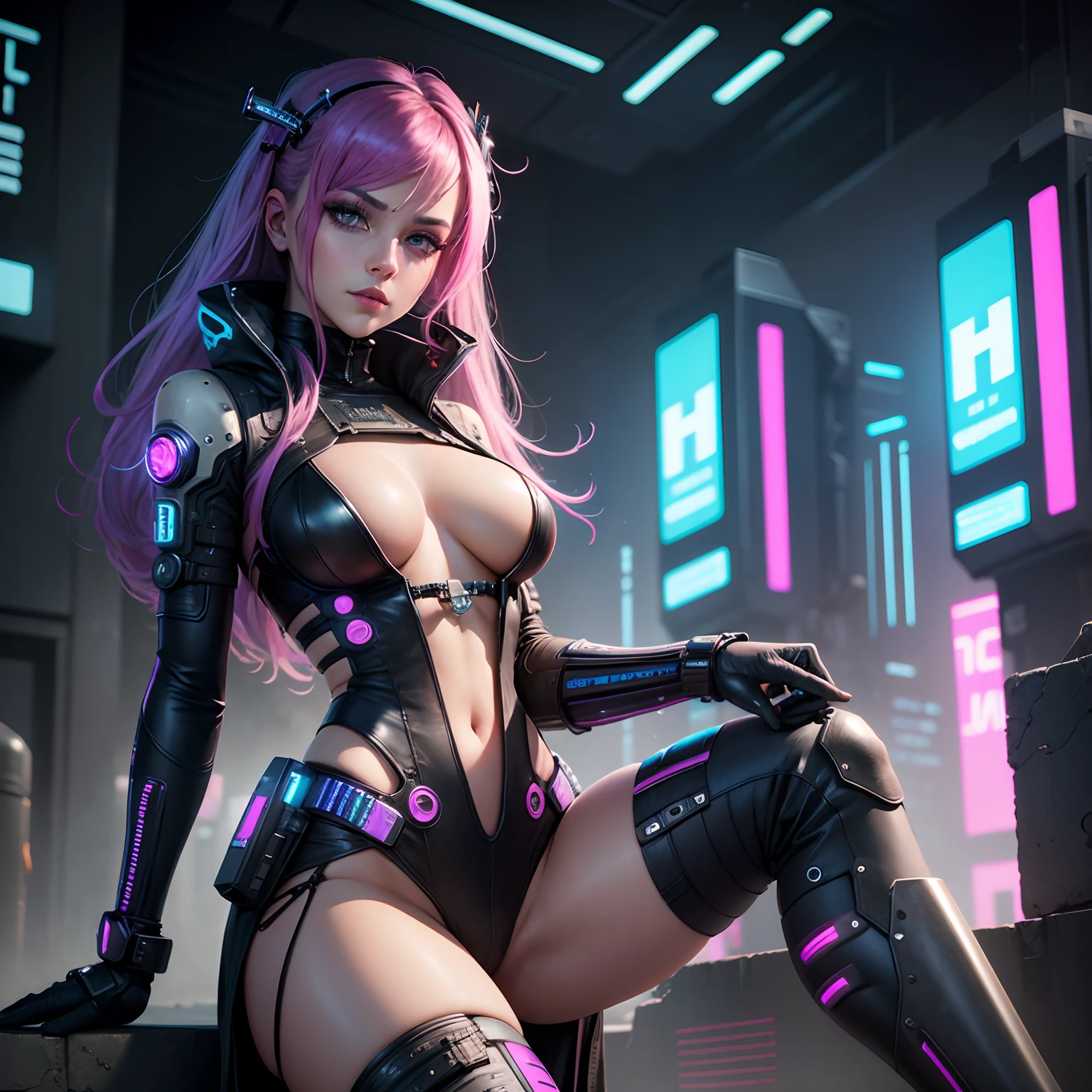 Cyberpunk Girl, Beautiful woman, hohe details, beeindruckende Details, Cyberpunk Umgebung, (werkstatt im Hintergrund), (Frau ist Mechanikerin),