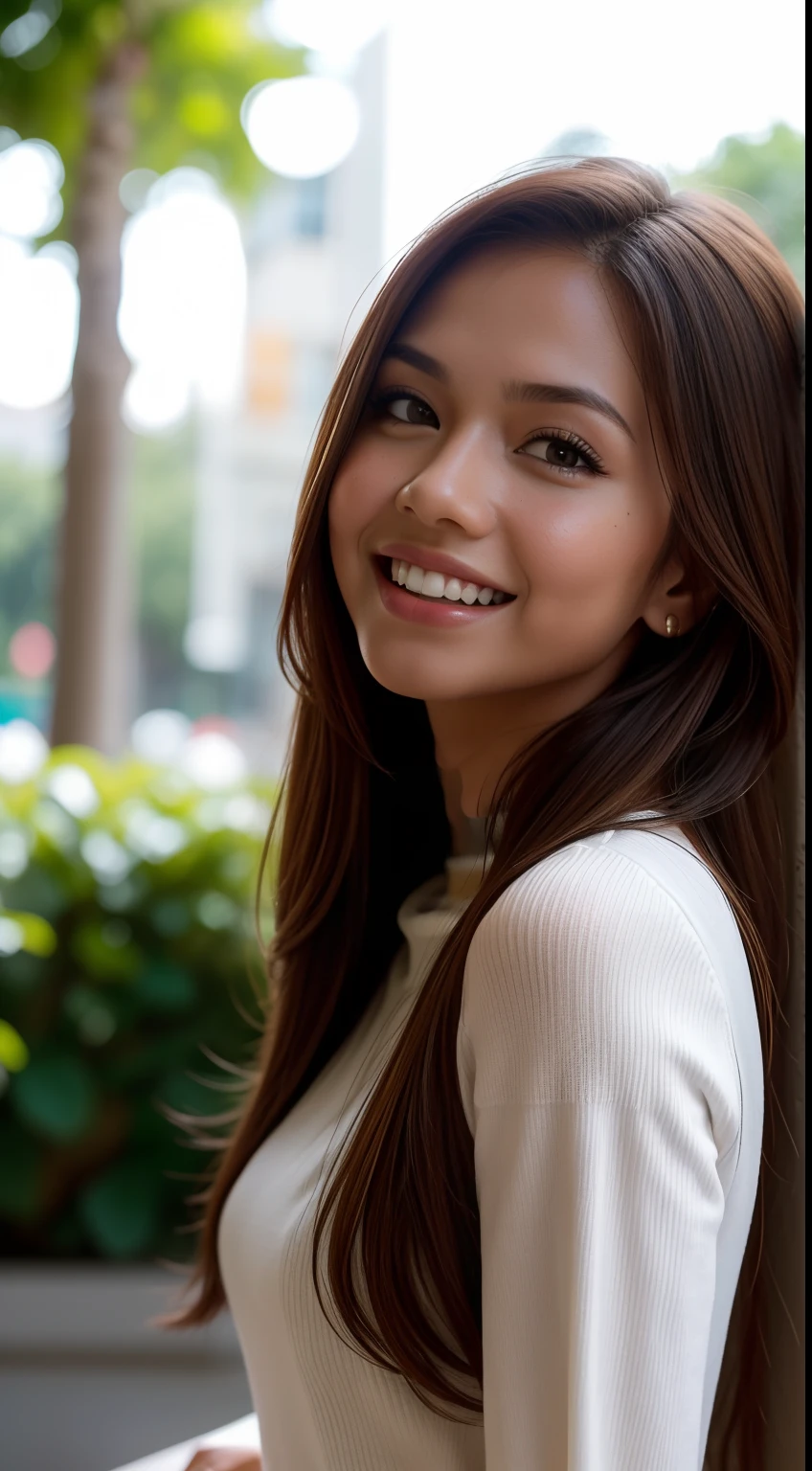 Malay girl  wear sexy white knitted dress in college, very long bright golden brown hair, wavy hair, front view, detail skin, detail skin texture, mole below eyes, small breast, big hip, big waist, big thigh, slim abs, beautiful body, nighttime, laughing, happy, bright lighting, college area background, crowded college, blur background, bokeh,