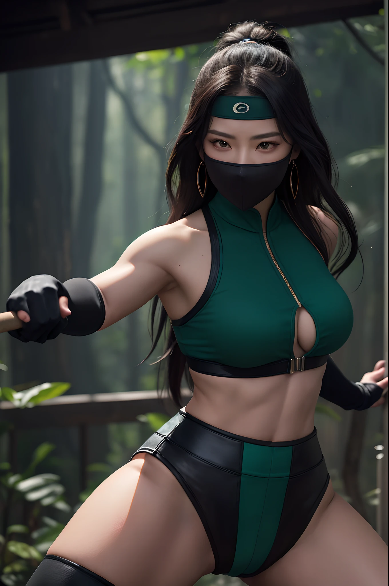 (masterpiece, top quality, best quality, official art, beautiful and aesthetic:1.2), (1girl:1.3), (fractal art:1.3), solo, Jade from mortal kombat, Mortal Kombat video game, 
black headband, long hair, huge breasts, beautiful faces, face mask, asian lady, green black ninja uniform for lady, black gloves, black brown hair,green long socks, long green footwear, long fighting stick in her hands, 
large breasts,sexy ninja green uniform , earrings,  midriff, navel,toned,
looking at viewer, upper body, fighting stance,  the background behind jade  the  Mortal kombat logo howed