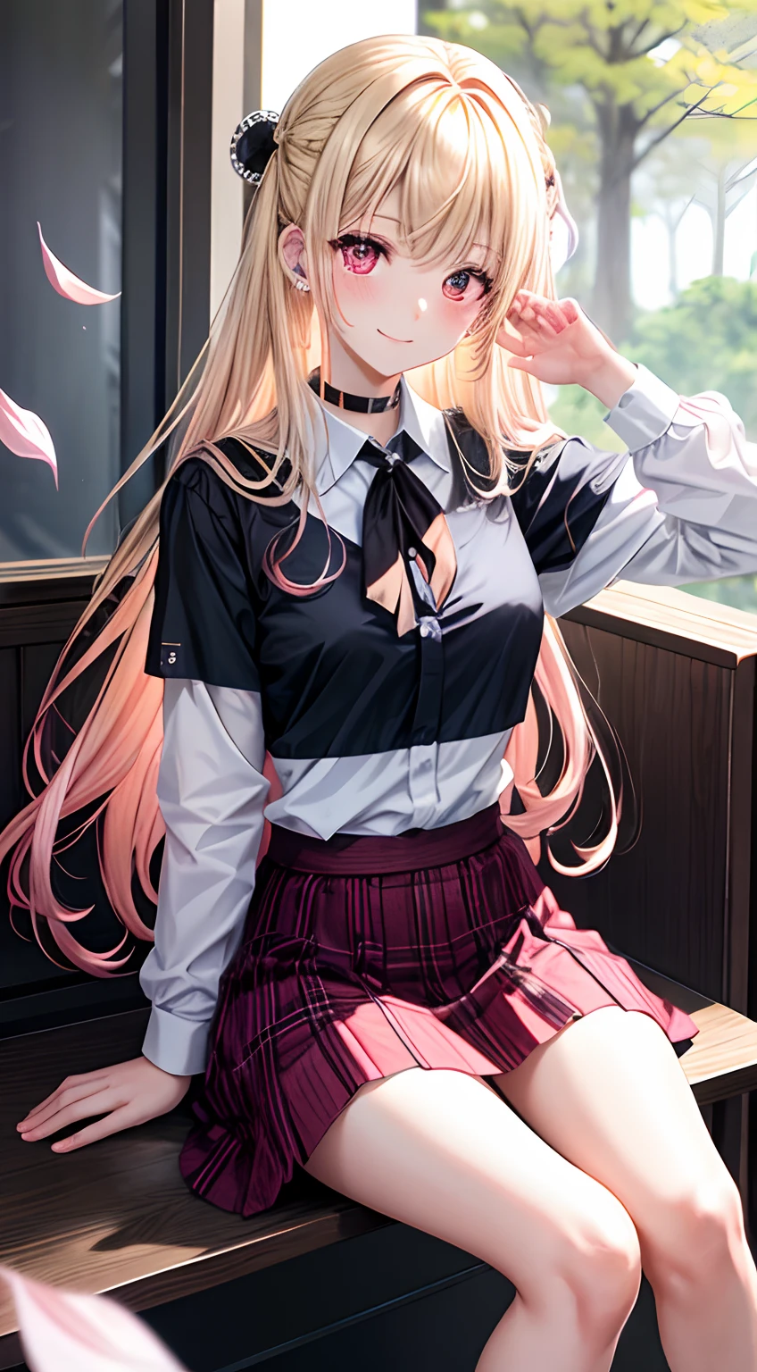 ​masterpiece, top-quality, 1girl, length hair, tedium, sitting on, Raise your legs, sole of feet, Forest bangs, a black choker, Black tie, blonde  hair, a blue skirt, red blush, A bracelet, breastsout, a choker, clothes around waist, 鎖骨, shirt with collar, cowboy  shot, dress shirts, ear piercings, eyebrows visible through hair, gradation hair, Grinning, gals, jewely, Kogal, length hair, looking at the viewers, Loose tie, neck tie, piercings, Plaid, Plaid skirt, pleatedskirt, red eyes, the ring, student clothes, The shirt, skirt by the, a smile, 独奏, white  shirt, a street, Skysky, cherry trees, flower petals, Pink hair,(比基尼),sun burn
