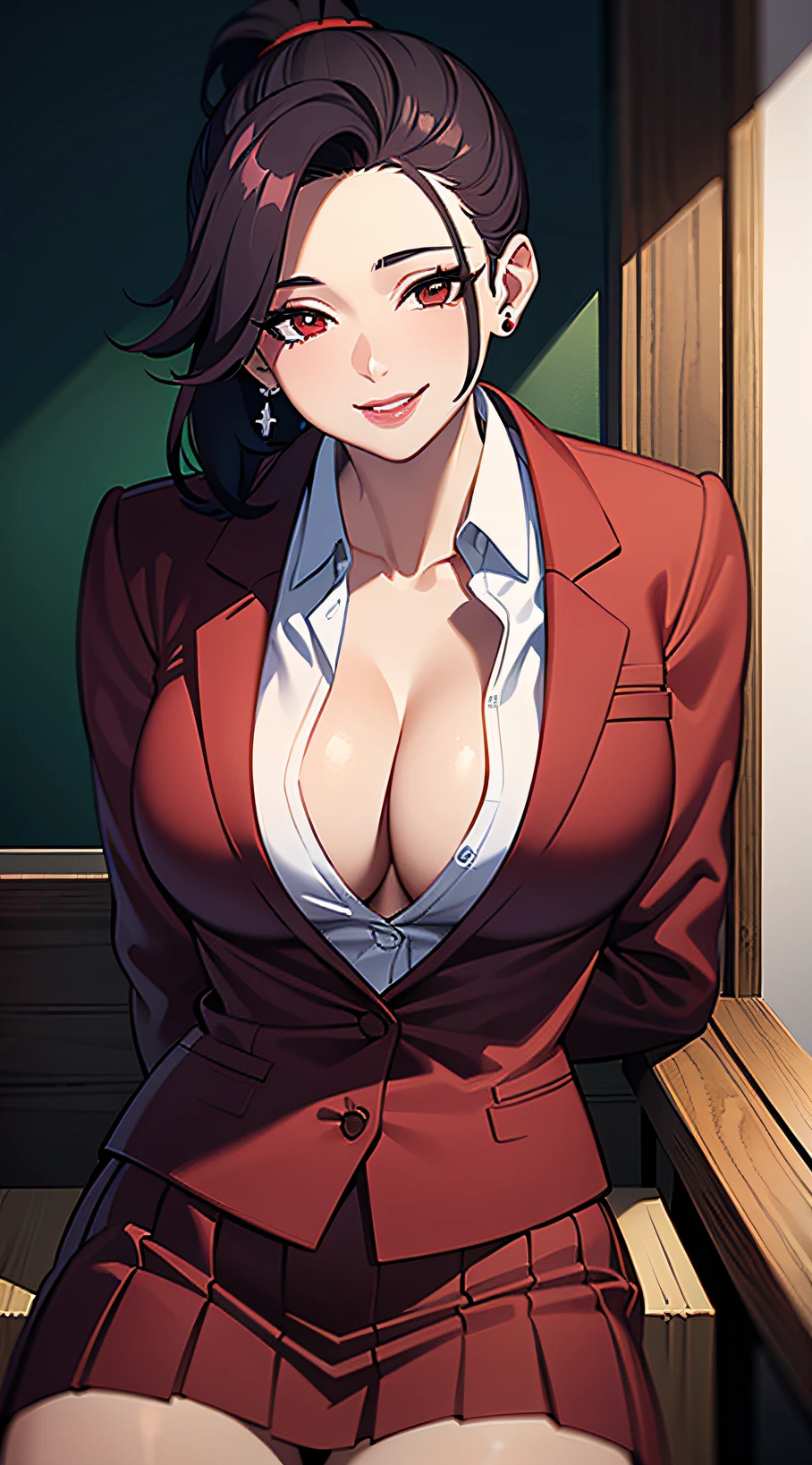 1girl, masterpiece, best quality, medium full shot, red ponytail, ((unbuttoned school uniform, cleavage, lips, earrings, sexy body, breasts)), smiling, erotic pose, busty