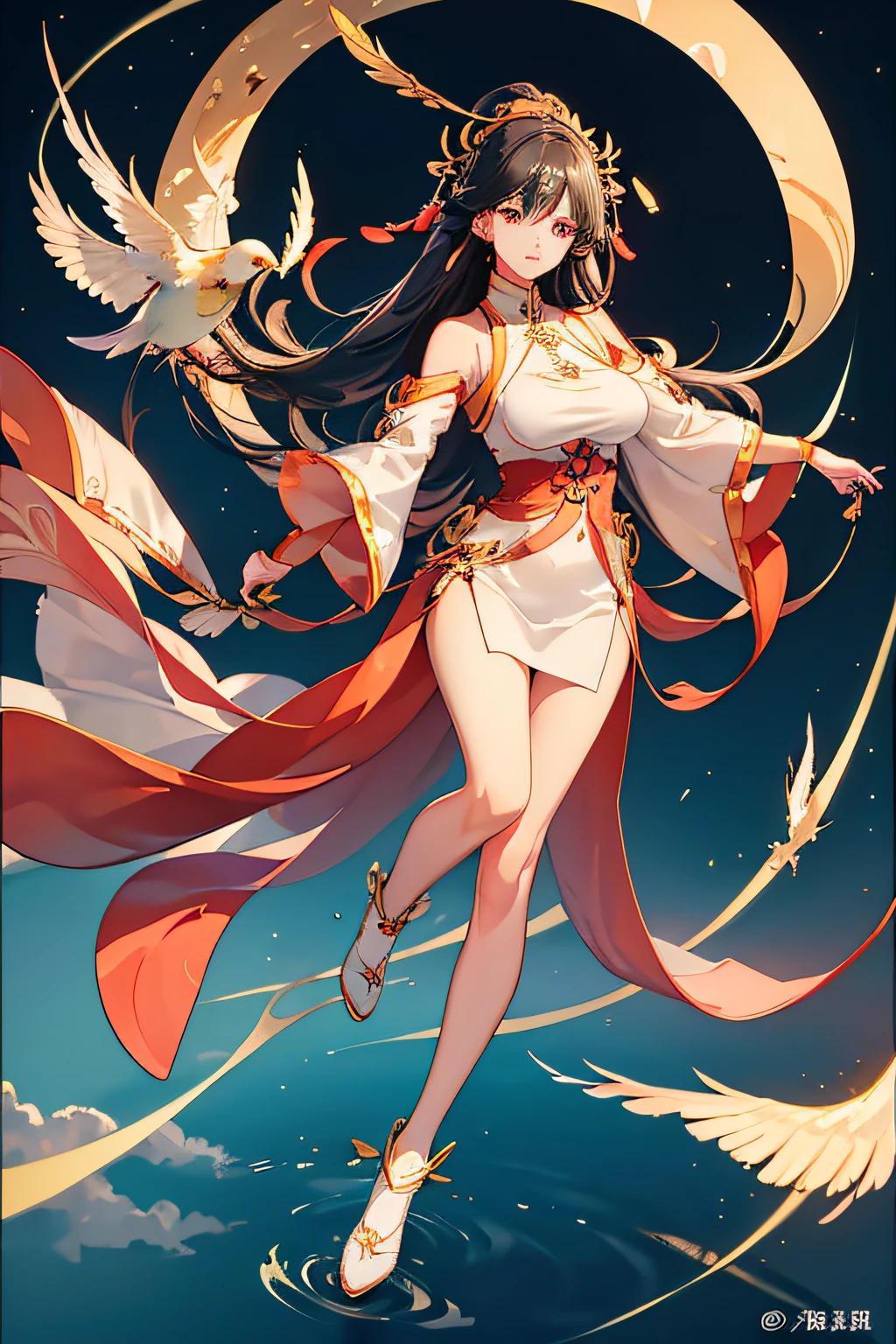 Masterpiece, Best quality, {Best quality}, {{Masterpiece}}, {A high resolution}, Drawing, 2D digital drawing, anime big breast, 1girll, Anime girl, Adult, Exotic, Long hair, Colored hair, Heterochromia, colours, Colorful, Orange sky, Bird, Bird, Bird, White Snake, White bandeau cheongsam, flying feathers, ornithologist,Big dark green eyes, Sharp eye makeup, Detailed eyelash makeup, Thin eyebrows, High nose, Nice red lips, no smile, pursed lips, rosycheeks,Slender legs,Melon seed face,Floating hair,Delicate and agile eyes,