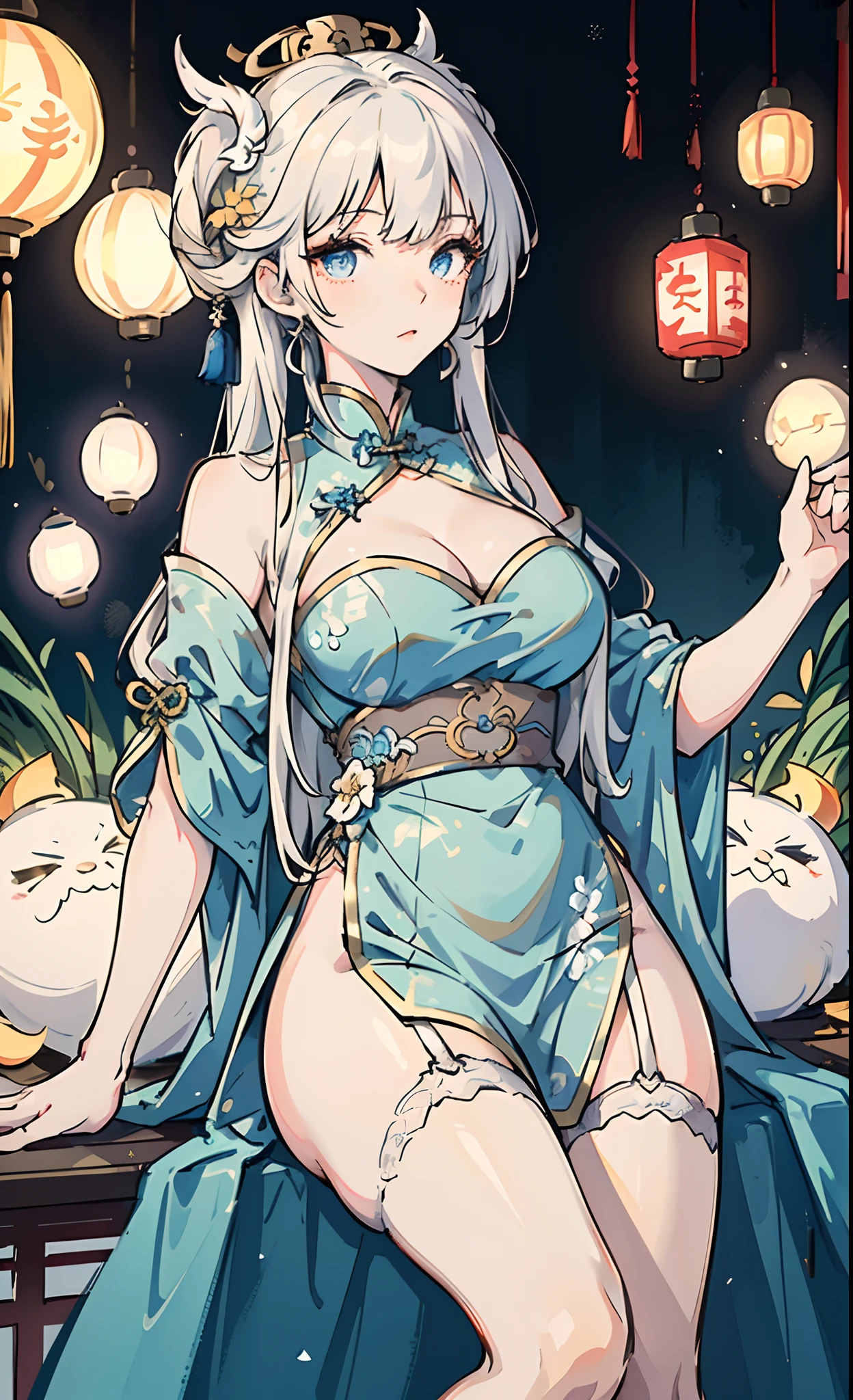 Masterpiece, Best Quality, 1girl, illustrious (The Radiance of a Maiden Lily) (azur lane), white colored hair, extra very long hair, blue eyes, hair ornaments, pectorals, cleavage, Chinese dress, Chinese Clothing, official alternate costume, White Thighs, garter straps, short sleeves, Chinese Commentary, lantern,