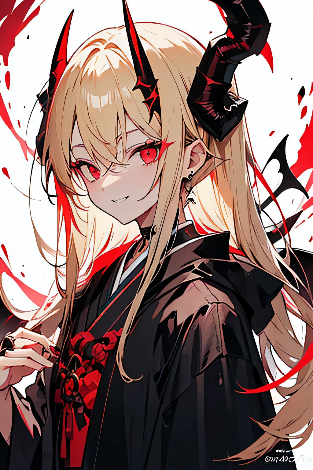 boy, blonde tied up hair, looks like Grim Reaper, red eyes, smile, wearing black robe, japan style, demon horns