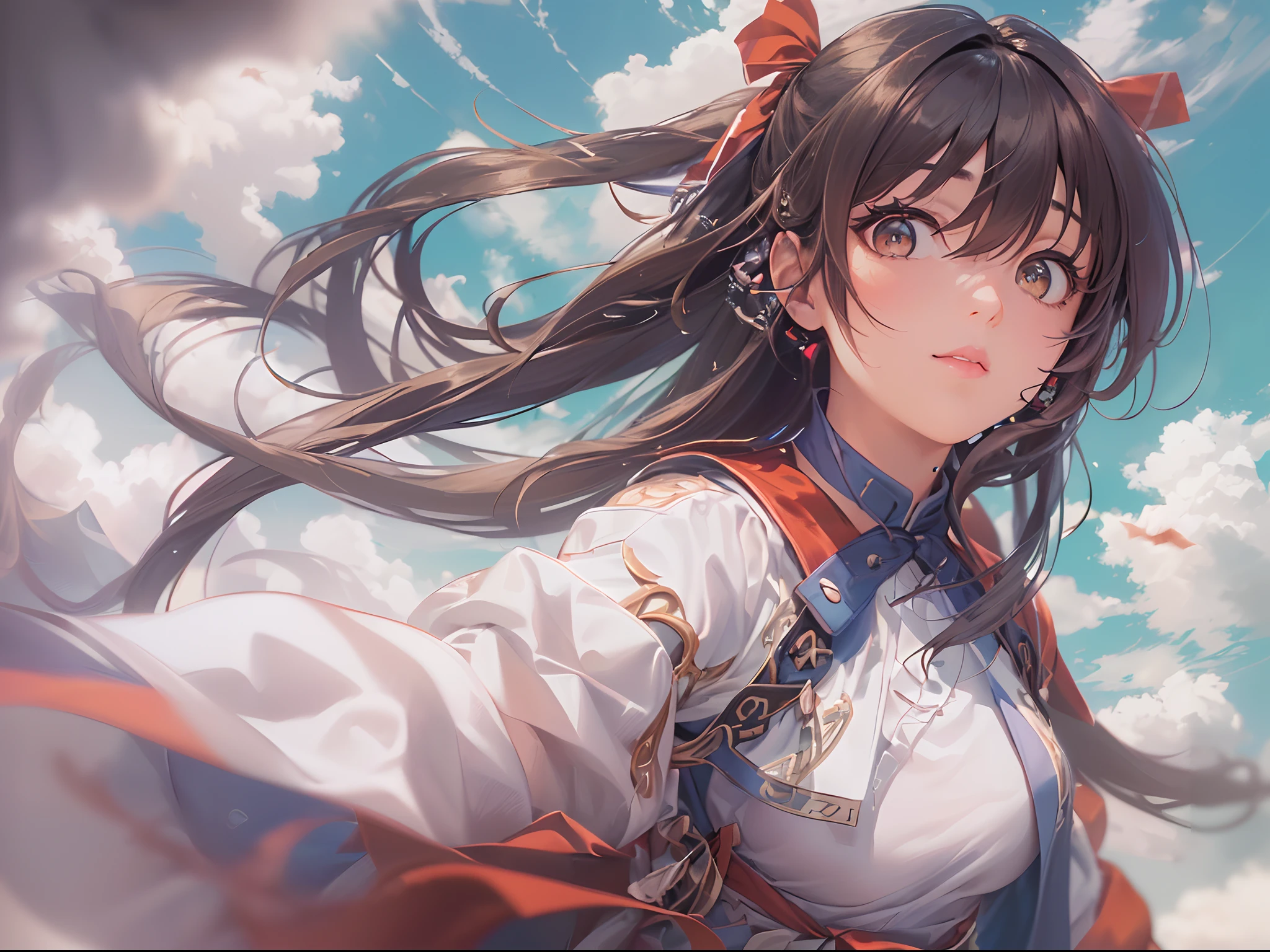 (((hakurei reimu:1.1,)))(((long hair,pointy hair,long bangs,high ponytail,french braid,brown hair,brown eyes, nontraditional miko,leather gloves)),((((((Break,design an image with fisheye lens effect,capturing a wide field of view with a distinctive, curved perspective.Break,)))))((1girl:1.1,Solo,))(Masterpiece,Best quality, offcial art, Beautiful and aesthetic:1.2),((超高分辨率,)) (16k),((dynamic posture:1.2)),((((hair ribbons,hair tubes,))))Dynamic lighting,(((rich background,)))(((microshot))))(Sunset,)(((((((flying on the clouds,90's street clothes,,))))))),((hypersurreal,))((expressive hair)),Physically-based rendering,automatic white balance),Amazing,Sharp focus,Natural background, (((highdetailskin,)))Dynamic lighting,Intricately detailed clothing,((((straight hair,))))Slender,((breeze)),(masterpiece sidelighting),(The sheen),(((Delicate fingers and hands:0.55))::0.85))),(Detail fingers),(((Superior photographic quality,)))),((unbelievable Ridiculous,))((extremely_Detailed_Eyes_and_face)),(supple hair),(Dynamic configuration: 1.2),Brilliant,Striking contrast,High saturation,Sony F and 24-105mm f / Use a Sony Alpha 4 mirrorless camera with 1G OSS lenses, reflector, (hyper realisitic:1.4),ceramic body