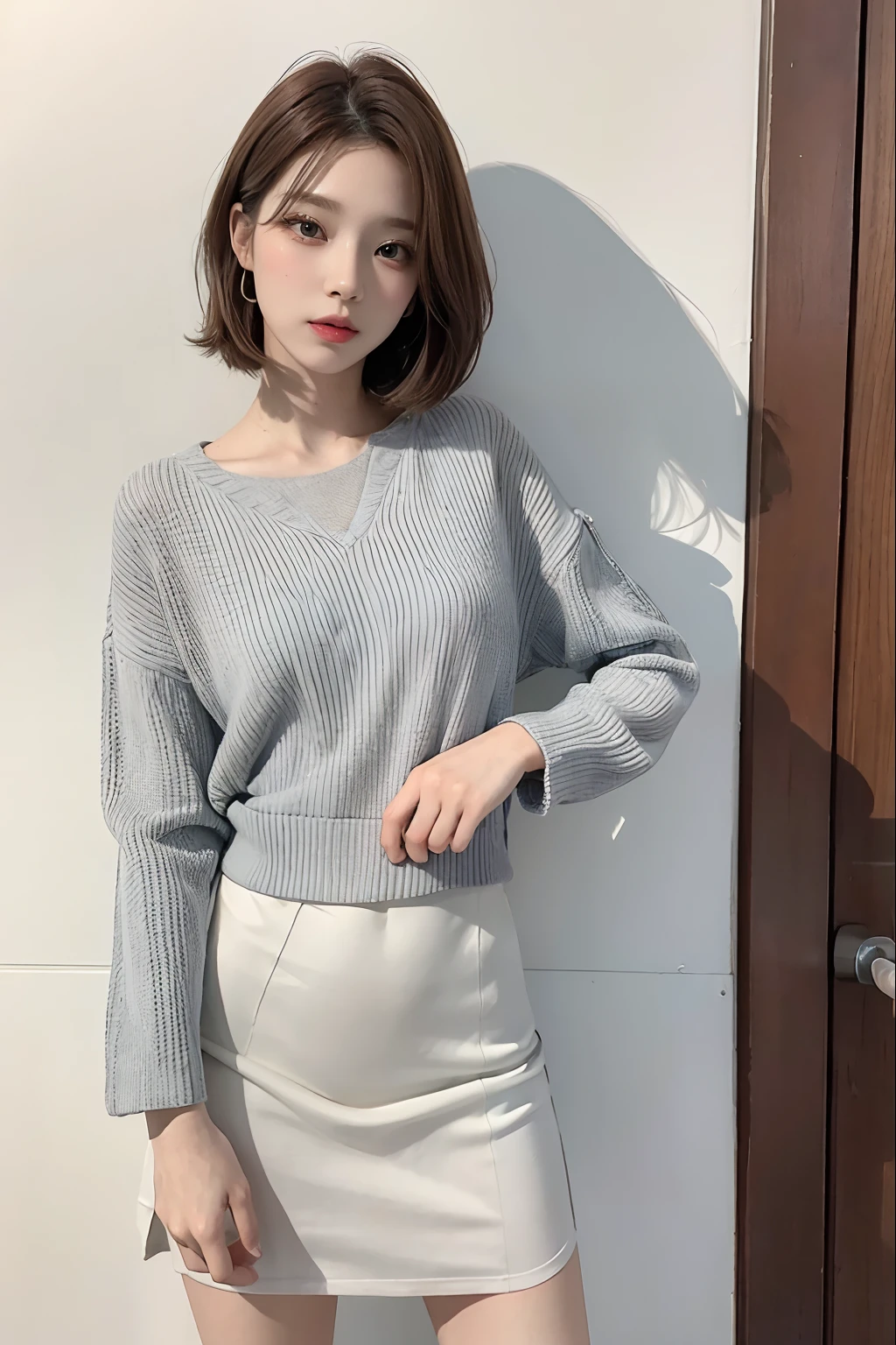 (Best Quality,8K,masutepiece:1.3),slim,toned abdomen,sofa,extra detailed face,Detailed eyes,Double eyelids,flat chest,Small breasts,Petite,Bob hairstyle,straight bob with bangs,Cheerful smile,Female college student wearing neat clothes,Lift up her short skirt and expose her panties,Squatting,Panties visible from under the skirt,20-year-old woman