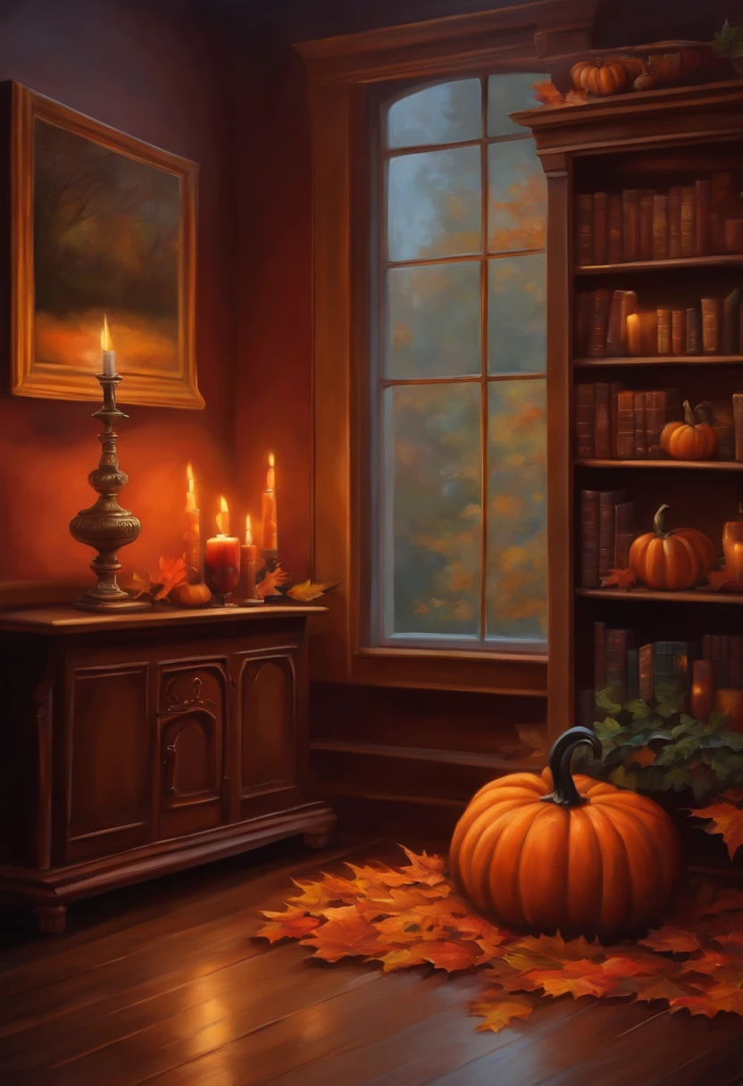 An oil painting of a cozy scene of a fireplace, a bookshelf, and a cup of hot chocolate, with a few fall leaves and one pumpkin on the mantel and the floor.