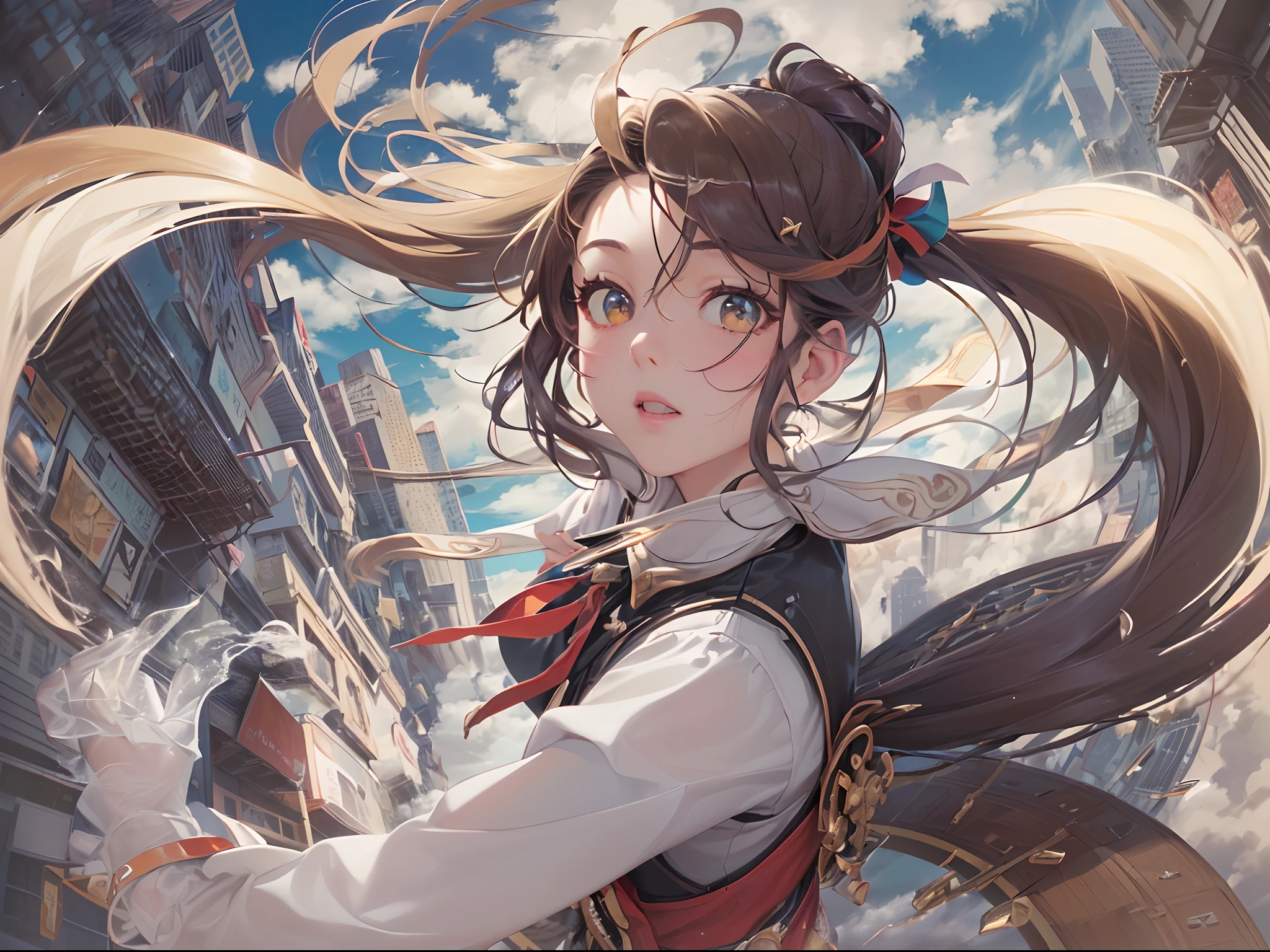 (((hakurei reimu:1.1,)))(((long hair,pointy hair,long bangs,high ponytail,french braid,brown hair,brown eyes, nontraditional miko,leather gloves)),((((((Break,design an image with fisheye lens effect,capturing a wide field of view with a distinctive, curved perspective.Break,)))))((1girl:1.1,Solo,))(Masterpiece,Best quality, offcial art, Beautiful and aesthetic:1.2),((超高分辨率,)) (16k),((dynamic posture:1.2)),((((hair ribbons,hair tubes,))))Dynamic lighting,(((rich background,)))(((microshot))))(Sunset,)(((((((flying on the clouds,90's street clothes,,))))))),((hypersurreal,))((expressive hair)),Physically-based rendering,automatic white balance),Amazing,Sharp focus,Natural background, (((highdetailskin,)))Dynamic lighting,Intricately detailed clothing,((((straight hair,))))Slender,((breeze)),(masterpiece sidelighting),(The sheen),(((Delicate fingers and hands:0.55))::0.85))),(Detail fingers),(((Superior photographic quality,)))),((unbelievable Ridiculous,))((extremely_Detailed_Eyes_and_face)),(supple hair),(Dynamic configuration: 1.2),Brilliant,Striking contrast,High saturation,Sony F and 24-105mm f / Use a Sony Alpha 4 mirrorless camera with 1G OSS lenses, reflector, (hyper realisitic:1.4),ceramic body