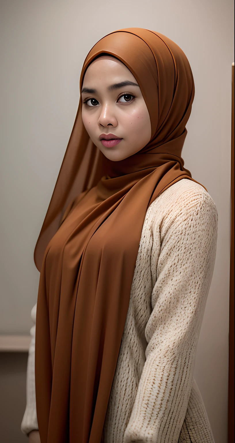 Craft an outstanding portrait that celebrates the beauty and individuality of a Malay girl, bright golden brown hair. very long wavy hair, Showcase her personality and story through creative composition and lighting. Use natural light or unique artificial lighting to add depth and character to the portrait. Pay attention to the details of her hijab, clothing, and accessories, highlighting their textures and colors. Encourage the subject to express her emotions and character through her gaze and pose, creating a compelling and empowering portrait that captures her strength and uniqueness.