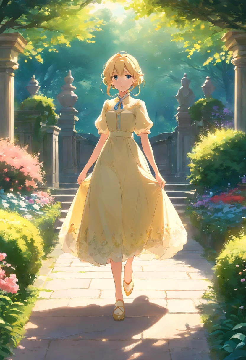A stunningly beautiful blonde fairytale Princess walking through a garden wearing an elegant Victorian morning dress