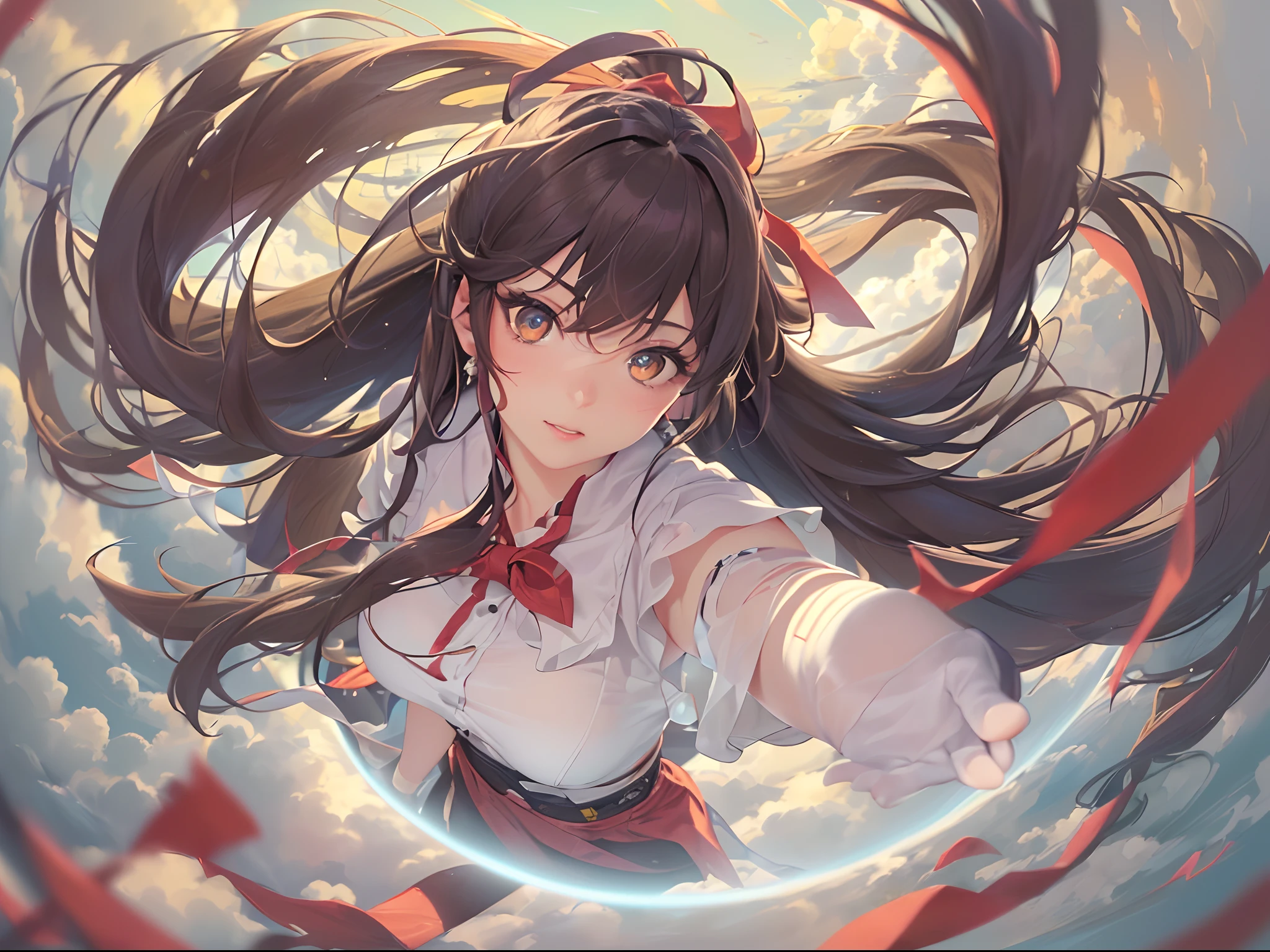 (((hakurei reimu:1.1,)))(((long hair,pointy hair,long bangs,high ponytail,french braid,brown hair,brown eyes, nontraditional miko,leather gloves)),((((((Break,design an image with fisheye lens effect,capturing a wide field of view with a distinctive, curved perspective.Break,)))))((1girl:1.1,Solo,))(Masterpiece,Best quality, offcial art, Beautiful and aesthetic:1.2),((超高分辨率,)) (16k),((dynamic posture:1.2)),((((hair ribbons,hair tubes,))))Dynamic lighting,(((rich background,)))(((microshot))))(Sunset,)(((((((flying on the clouds,90's street clothes,,))))))),((hypersurreal,))((expressive hair)),Physically-based rendering,automatic white balance),Amazing,Sharp focus,Natural background, (((highdetailskin,)))Dynamic lighting,Intricately detailed clothing,((((straight hair,))))Slender,((breeze)),(masterpiece sidelighting),(The sheen),(((Delicate fingers and hands:0.55))::0.85))),(Detail fingers),(((Superior photographic quality,)))),((unbelievable Ridiculous,))((extremely_Detailed_Eyes_and_face)),(supple hair),(Dynamic configuration: 1.2),Brilliant,Striking contrast,High saturation,Sony F and 24-105mm f / Use a Sony Alpha 4 mirrorless camera with 1G OSS lenses, reflector, (hyper realisitic:1.4),ceramic body