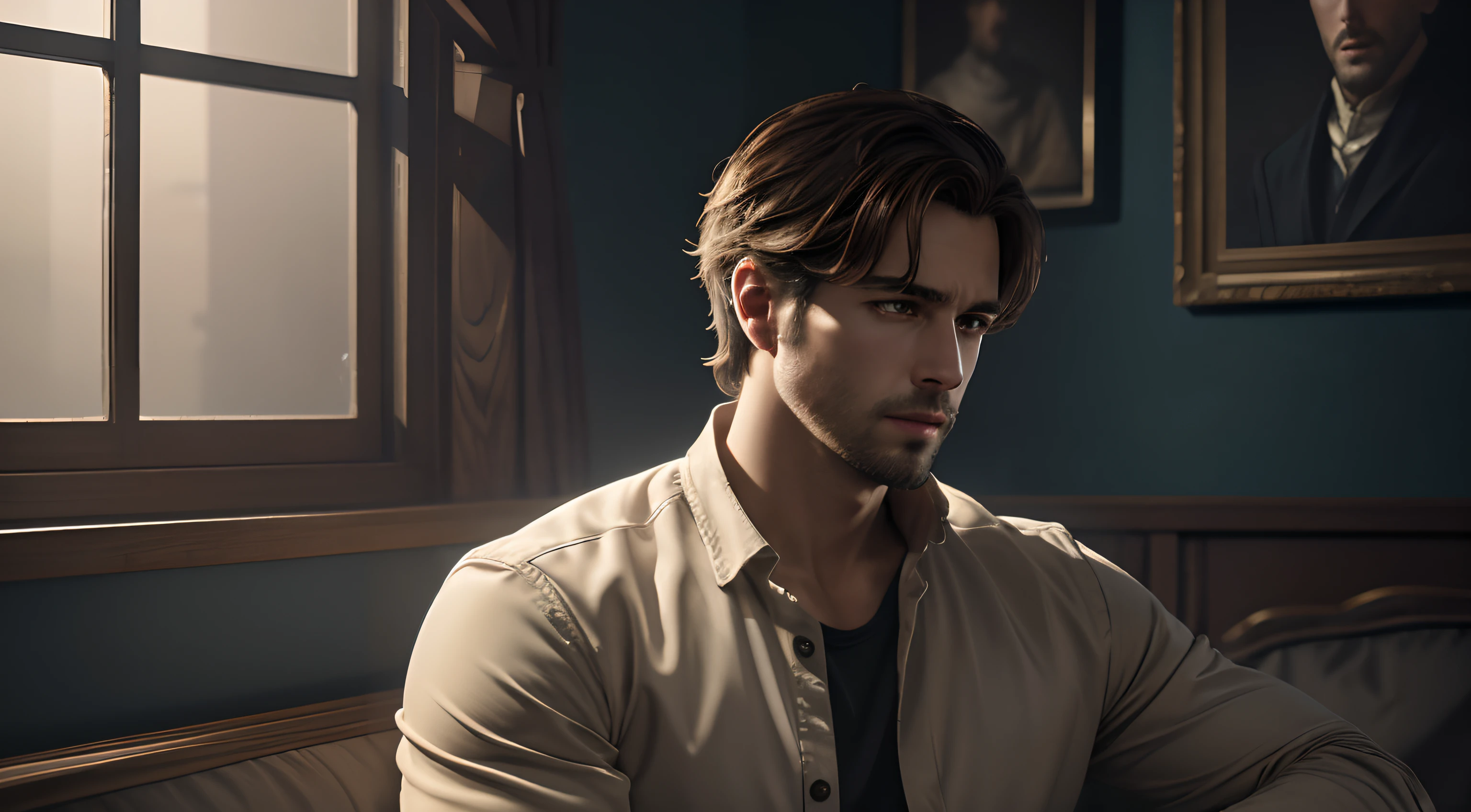 best quality, 4k, 8k, high resolution, masterpiece: 1.2, ultra-detailed, realistic: 1.37, portrait, moody lighting, impressionistic, hazy colors, soft brushstrokes, married man, young man, handsome face, full body, outfit casual, strong contrasts between light and shadow,