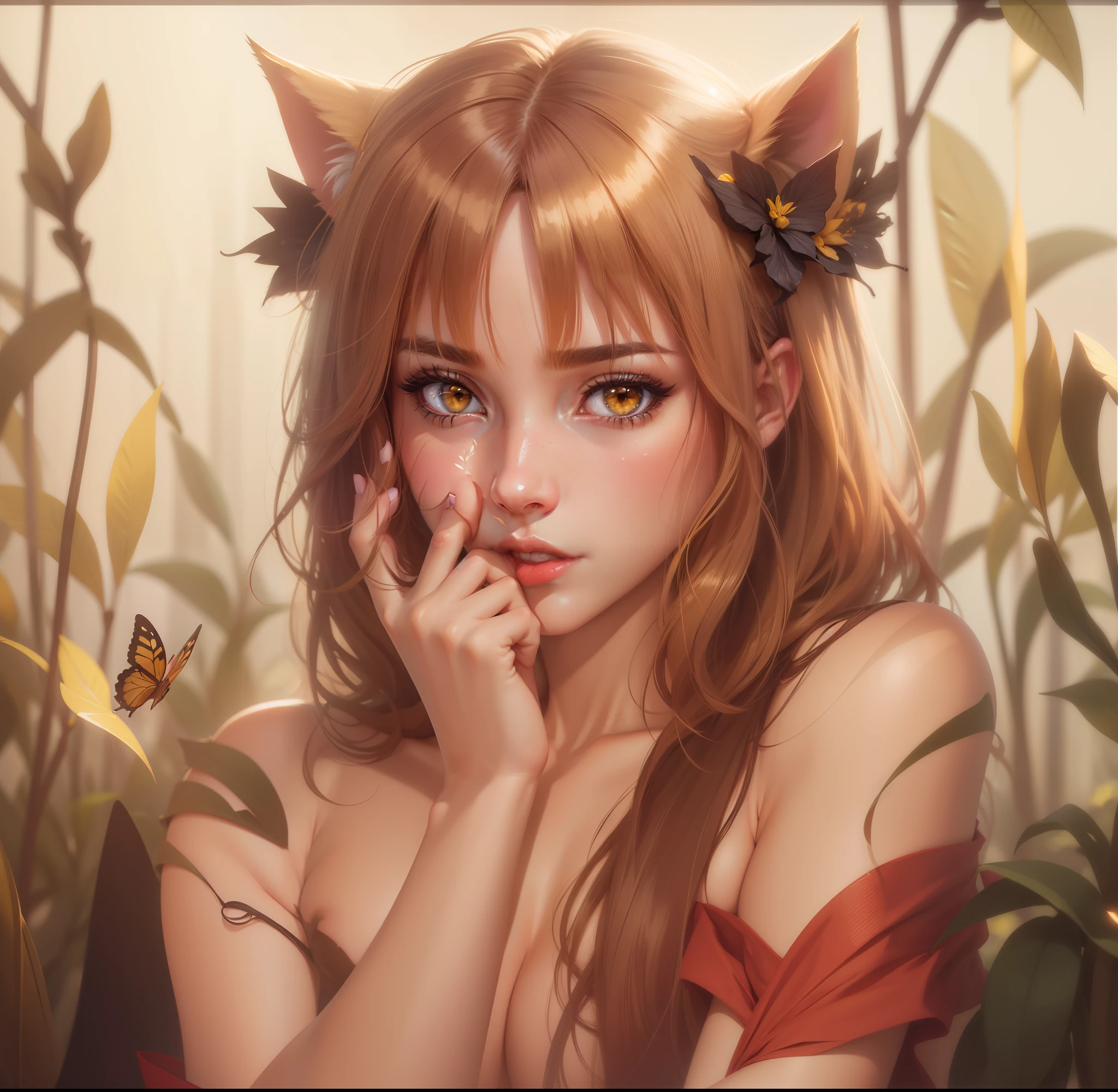 Beautiful girl, brown hair, yellow eyes,red lips, cat ears, shy expression, sensuality, Close up face, naked, big breast,butterflies,Flowers,cinematic lighting,Evening vibes, realistic, extremely detailed, best quality, high resolution, masterpiece, Amazing, face detail, 8k,