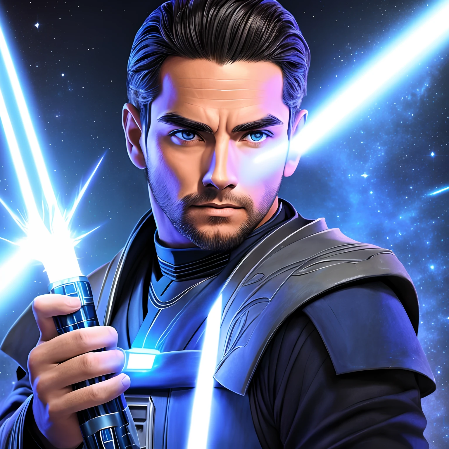 Jedi Humano masculino jovem 25 anos, balanced between the good side of the force and the dark side, Meet the blue light, manto antigo branco.