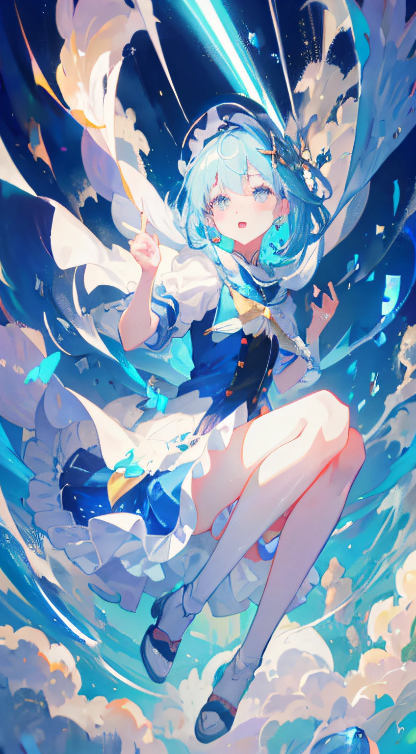 anime girl flying through the air with a blue and white dress, trending on artstation pixiv, splash art anime , zerochan art, pixiv contest winner, digital art on pixiv, guweiz on pixiv artstation, anime art wallpaper 8 k, clean detailed anime art, anime fantasy illustration, beautiful anime artwork, anime face, masterpiece, high quality, detailed face, high quality face