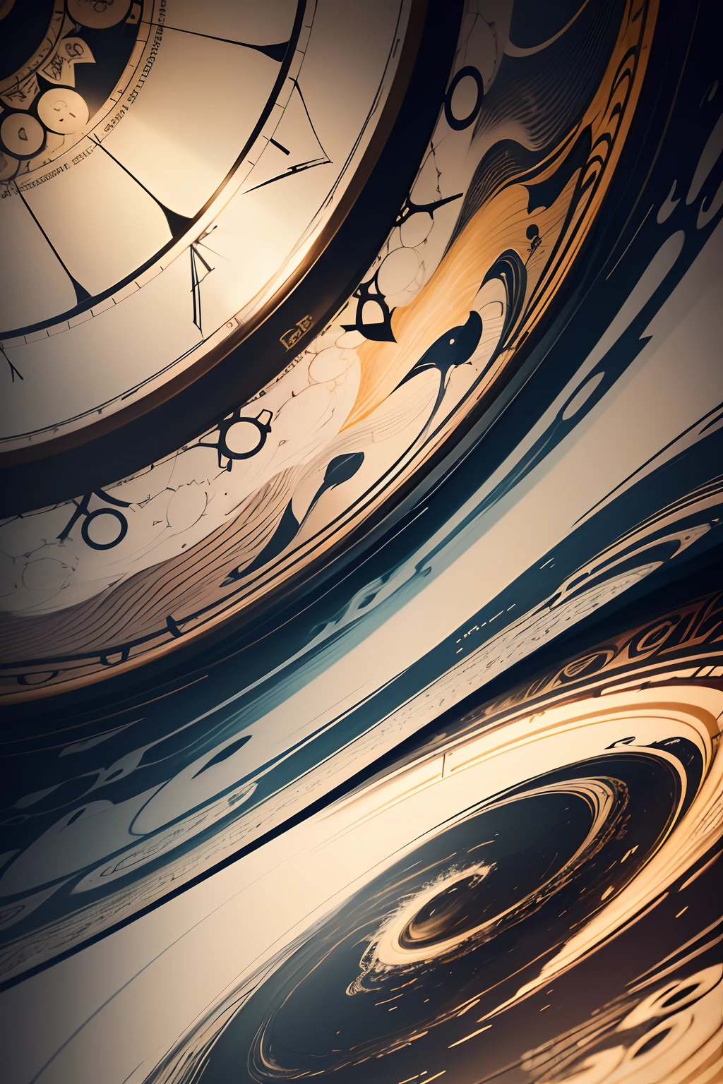 Create an abstract painting capturing the concept of advancing time and the feeling of going back. Imagine a dynamic artwork where fluid brushstrokes and intricate patterns symbolize the forward motion of time and the nostalgic pull of the past. Picture elements representing clocks, hourglasses, or calendar pages merging with imagery reminiscent of memories and retro motifs. Use contrasting colors and textures to convey the complexity of emotions tied to moving forward while reminiscing about the past. Illustrate a sense of fluidity and contradiction, where the viewer can feel both the momentum of progress and the longing for what has been. Convey the intricate balance between the unstoppable march of time and the sentimental yearning for moments gone by through this visually captivating and emotionally rich abstract composition.