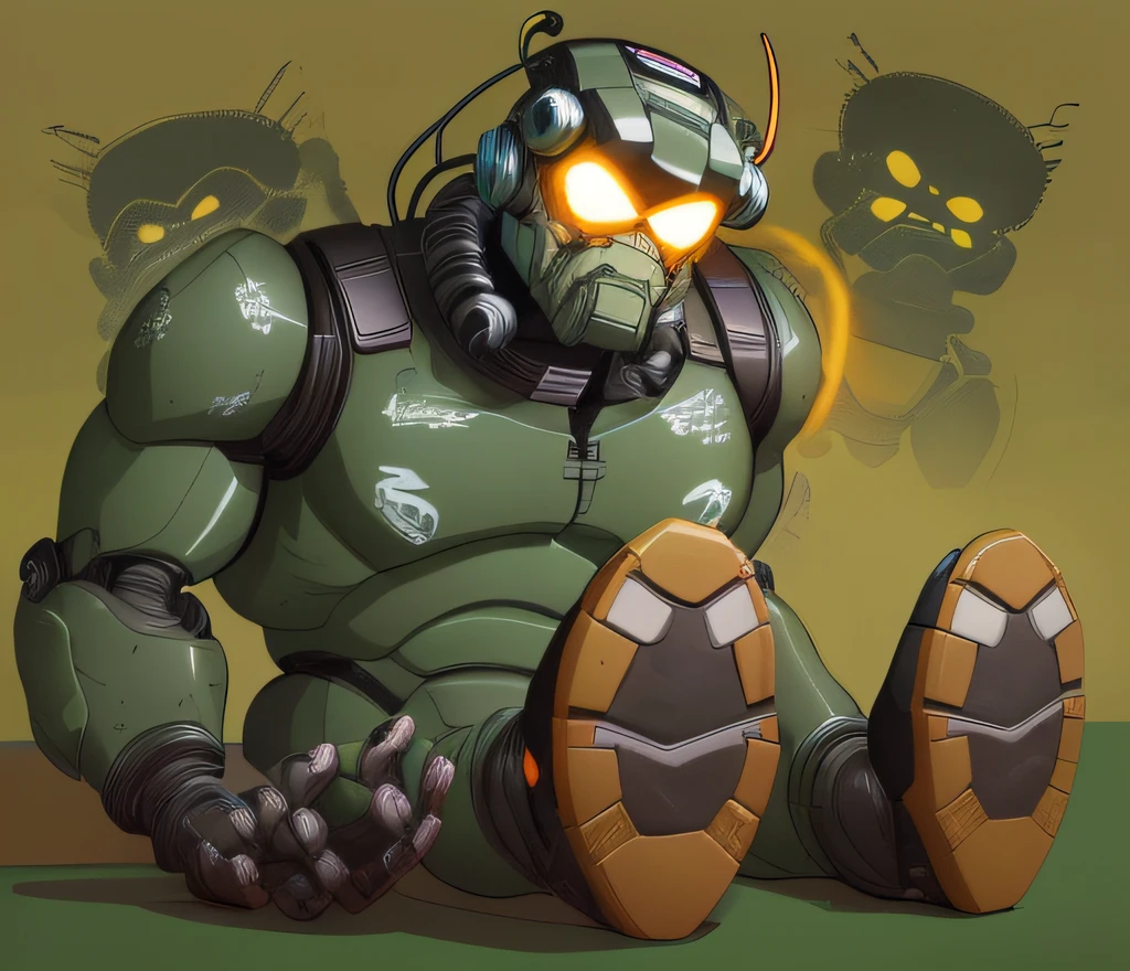 A drawing of a robot with its head down and a black sash over its eyes sitting on the floor wearing an old olive green shirt and wearing worn yellow boots, robotic limbs on display and with exposed wiring, mechanical linearity, mecha em forma de terminador, linearidade espessa, Bender, Futurama, Mega Homem, O Homem do Rock da Capcom, lineart preto espesso, contornos pesados, Baymax estilo Disney, Transformador inspirado, anthropomorphic robot [coisa], sombreamento pesado, cell shaded adult animation, Hanna-Barbera anime, desenho estilo cartoon, desenho estilo anime steampunk