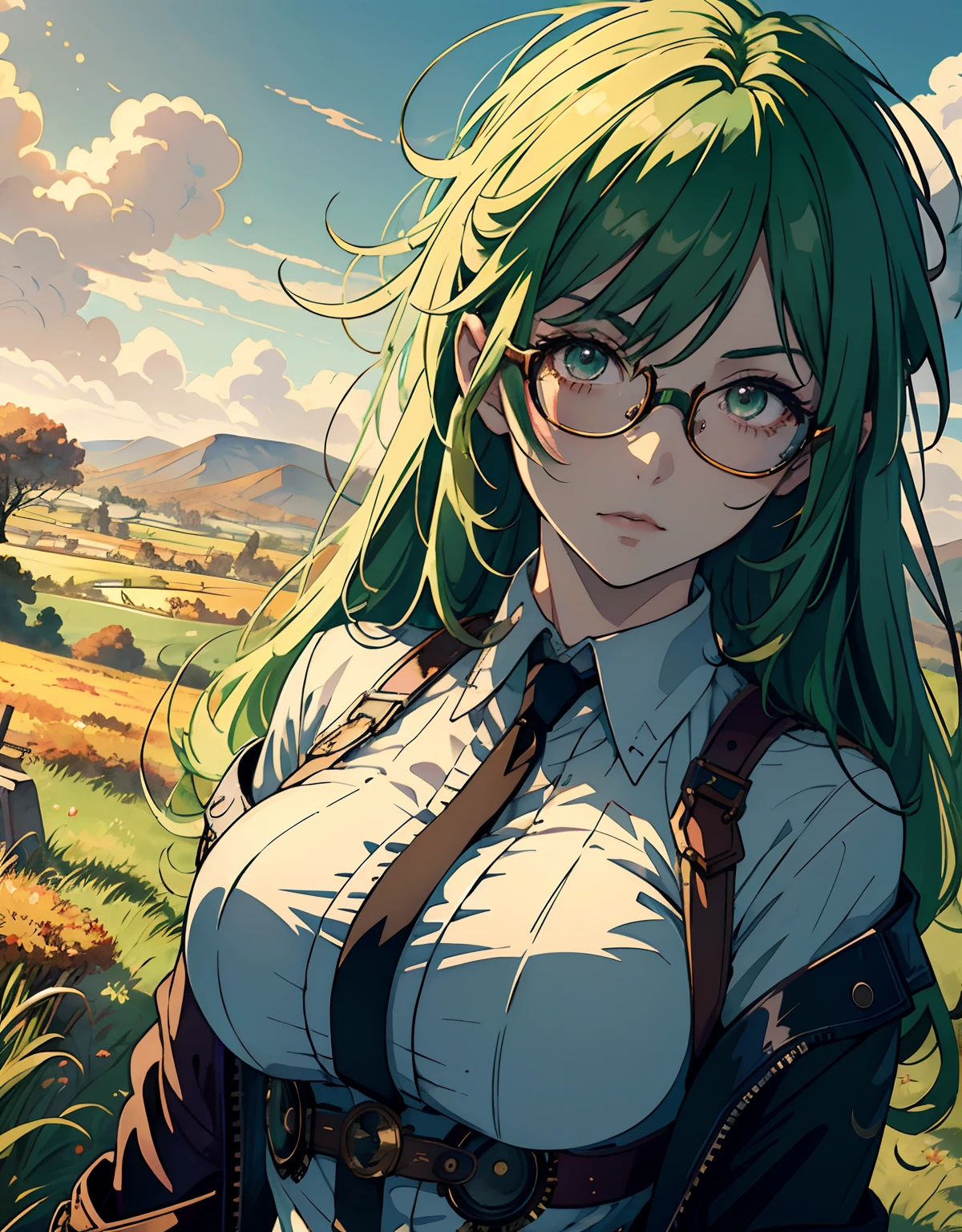 ((masterpiece, best quality)), (1girl, anime girl in massive grassland, autumn scenery, steampunk style),(mature), (solo), (female focus), (green hair, messy hair),purple eyes, glasses, (pale skin)) , evil, vicious, portraits, close up, upper body, vibrant colors, soft lighting, looking straight forward