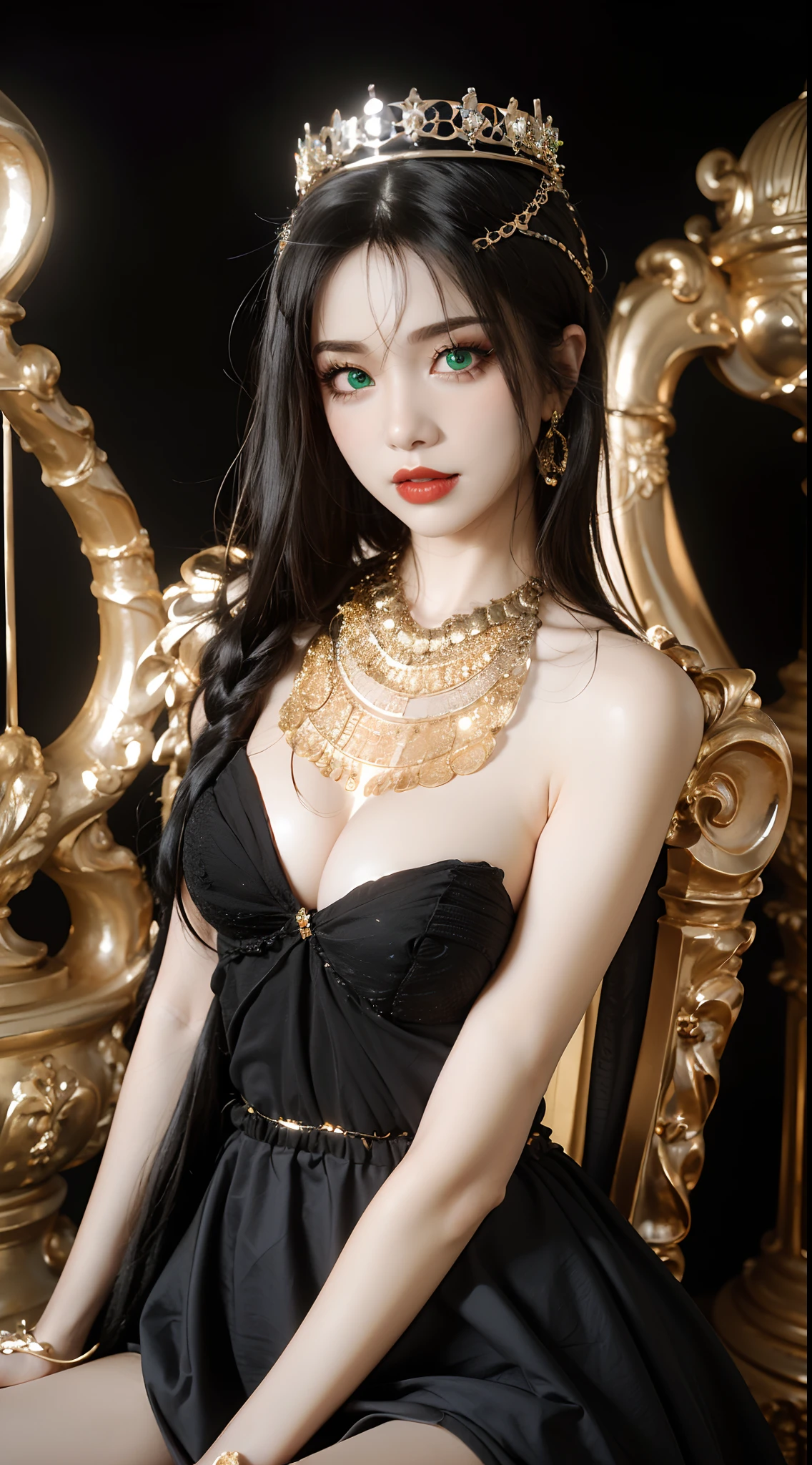 1 beautiful young princess, ((Wearing a royal style black dress with gold trim is very sexy:1.6)), (((Exquisite patterns on the skirt:1.6))), ((braided hair with long black bangs: 1.6)), ((pink nipples and small areola:1.2)), ((long bangs:1.6)), ((hair jewelry:1.9)), ((upper body gold jewelry:1.9)), ((Very delicate gold necklaces:1.7)), ((earrings with emeralds:0.8)), noble, noble style of an extremely beautiful girl, super cute little face, very pretty face, fur thin eyebrows, flawless beautiful face, ((black eye pupils: 0.8)), very beautiful eyes, ((green eyes eyes: 1.6)), beautiful makeup and detailed hairdo, eyelashes, eye makeup wet, high nose, earrings, red lips, ((closed mouth: 1;5 )) beautiful lips, slim hands, ((arms spread out to the sides: 1.7)), rosy face, clean face, flawless beautiful face, smooth white skin, firm breasts, nice cleavage, ((super big and round breasts: 1.6)), beautiful breasts, perfect body, ((bent sitting position:1.6)), 8k photos, super high quality, super realistic, super 10x pixels, optical, bright studio, bright edges, two-tone lighting, (high detail skin:1.2), super 8k, soft lighting , high quality, volumetric light, optical, optical high resolution, light, best photo, 4k, 8k quality, blur effect, smooth sharpness, 10 x pixels, ((beach at night background:1.5)), aurora, lightning, super realistic graphics, most realistic graphics, alone, solo, Extremely sharp, surreal images, (((frontal portrait: 1.6)))."
