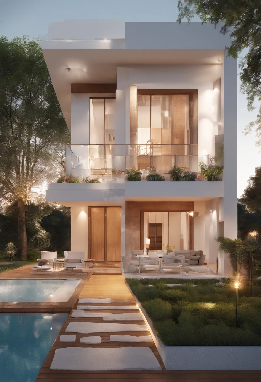modern luxury villa, coconut trees, greenery landscape, along the white beach, clear sky, sunrise time, warm lighting RAW Photo, RAW texture, Super Realistic, 32K UHD, DSLR, soft lighting, high quality, film rating, Fujifilm XT3