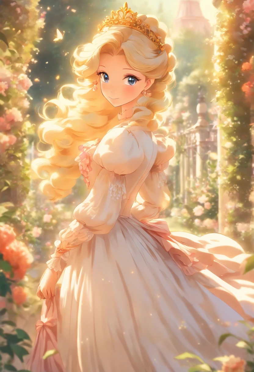 A stunningly beautiful blonde fairytale Princess walking through a garden wearing an elegant Victorian morning dress