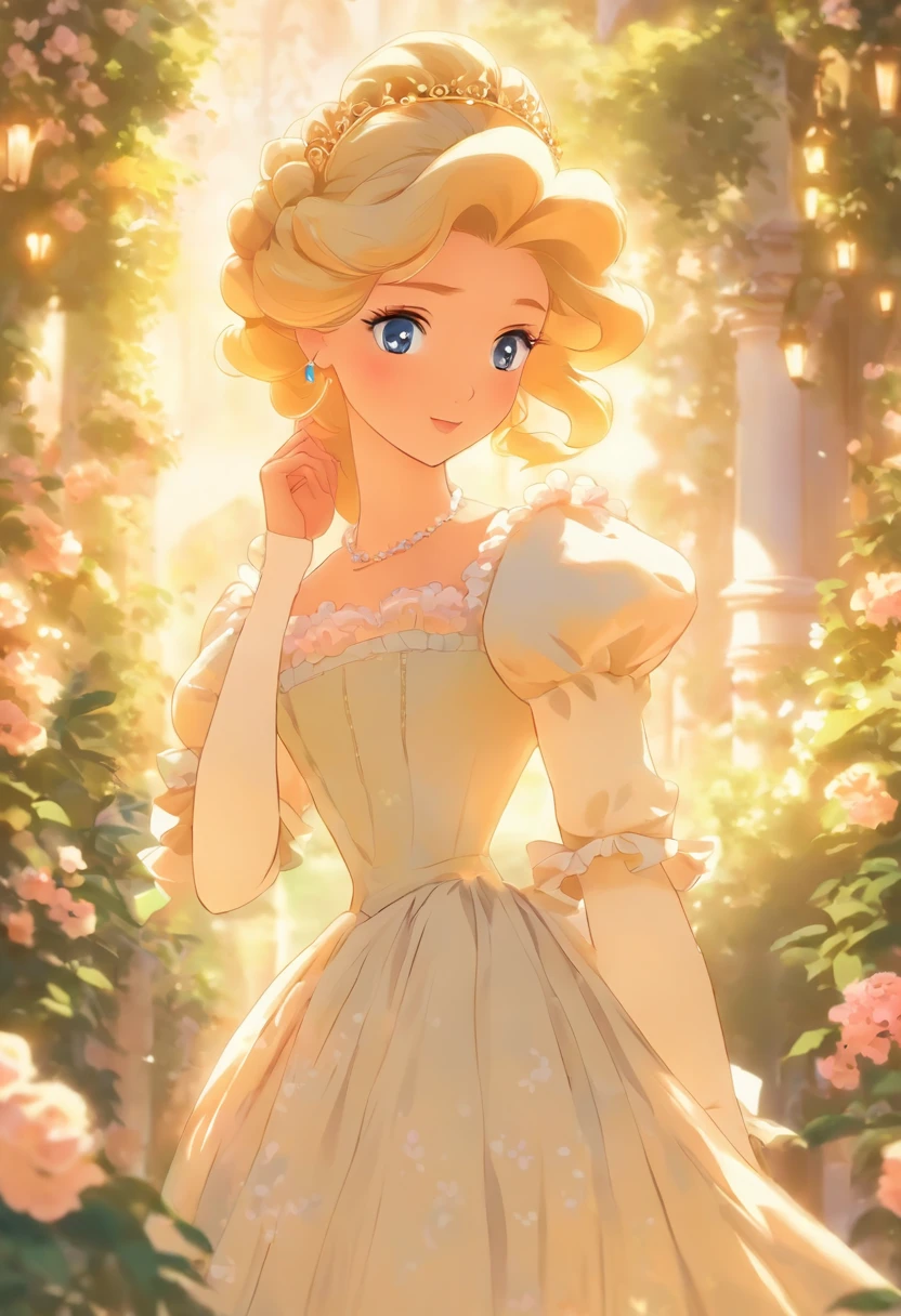 A stunningly beautiful blonde fairytale Princess walking through a garden wearing an elegant Victorian morning dress