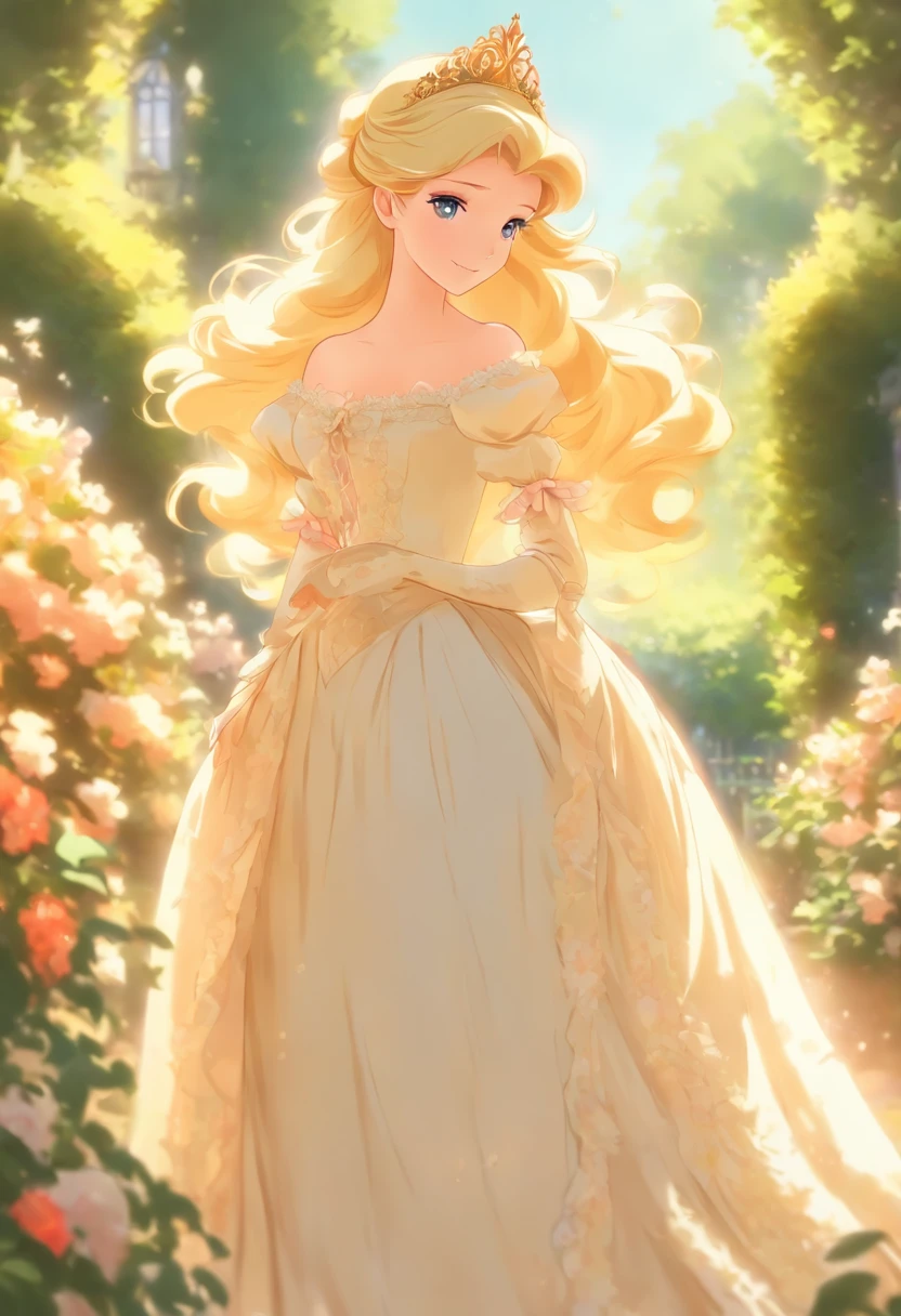 A stunningly beautiful blonde fairytale Princess walking through a garden wearing an elegant Victorian morning dress