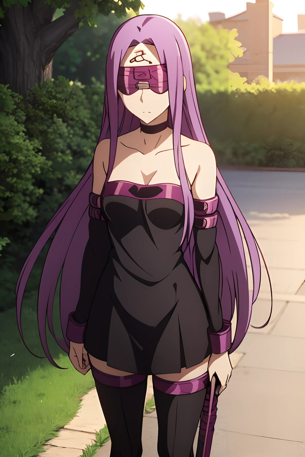 Fate, rider, femele, Wearing a blindfold, purple long-haired, Bodycon with protruding shoulders, There is a pattern on the forehead