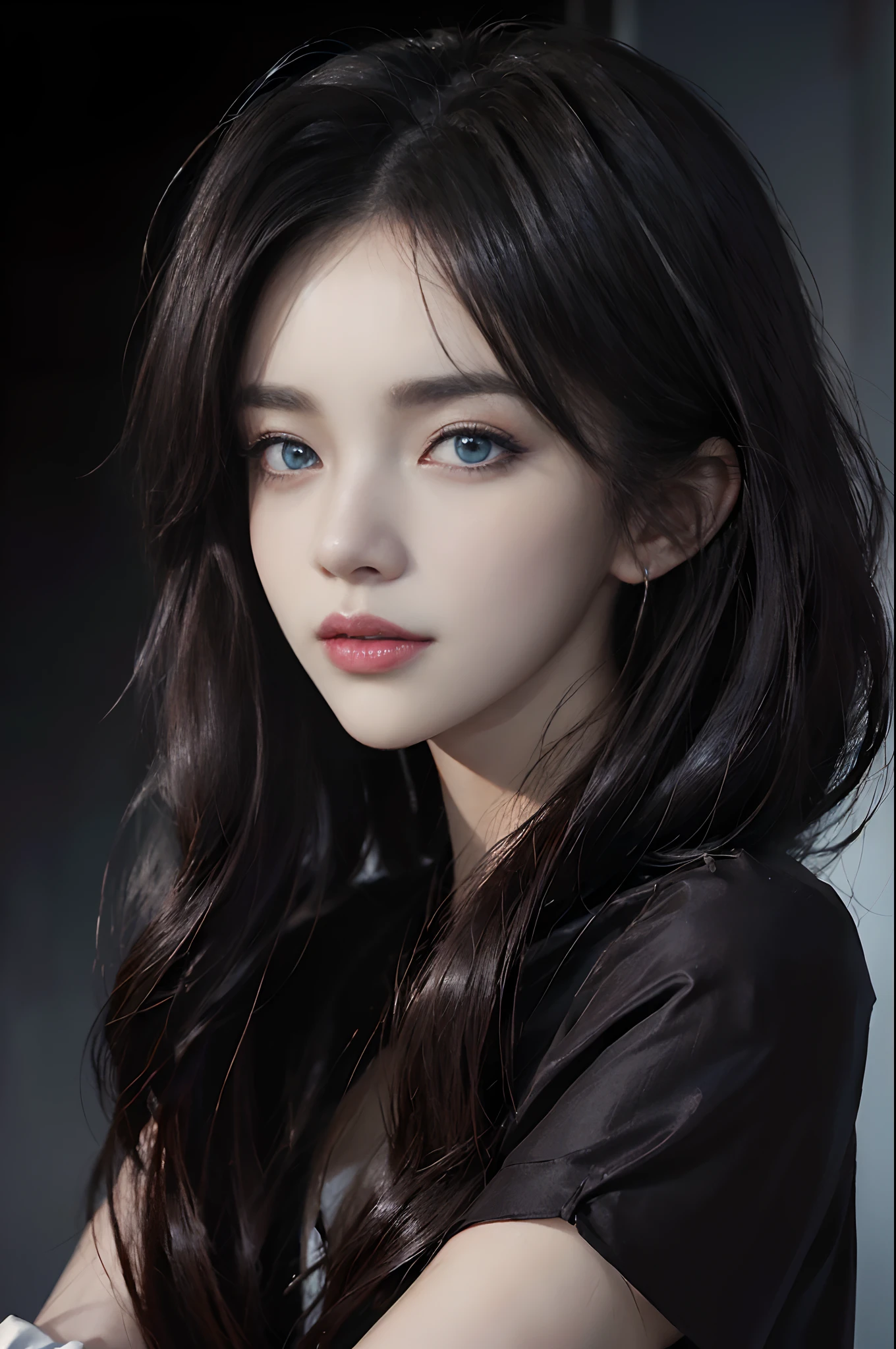 masterpiece, best quality, ultra-detailed, intricately detailed hyperdetailed, realistic, sharp features, highly detailed, sharp focus, perfect face, perfect face, perfect symmetrically perfect eyes, perfect full lips, flexible female form, cinematic, film light, hyper detailed, hyper realistic, high resolution, vibrant, dynamic studio lighting, ((Dark background)), Sexy face, Facial expressions when receiving pleasure, straight Bangs, Big breasts, Exposed cleavage, blue Eyes,black sweater, cowboy shot,