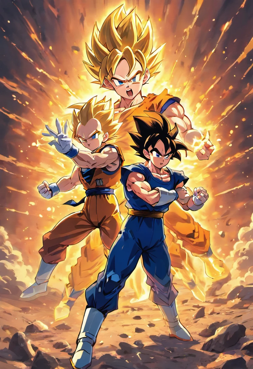 A high-quality, ultra-detailed (best quality, 4k, 8k, highres, masterpiece:1.2), HDR, action-packed prompt depicting Vegeta and Goku engaged in an intense battle. The scene showcases the two powerful Saiyans in vivid colors and sharp focus, with their ultra-detailed, muscular physiques expertly highlighted. 

The art style is a combination of anime and concept artists, creating a dynamic and visually stunning composition. Both Vegeta and Goku are depicted with their distinct hairstyles and iconic Saiyan armor. Vegeta's eyes are beautiful and detailed, with an intense expression of determination and power. Goku's eyes are equally striking, showcasing his determination and passion for the fight.

The scene takes place in an otherworldly landscape, with vibrant and breathtaking colors. The sky is filled with sunset hues, including shades of warm oranges, purples, and pinks. The lighting is dramatic, with a spotlight shining down on Vegeta and Goku, highlighting their powerful aura. Energy beams and explosions surround them, adding excitement and intensity to the battle.

As the two warriors clash, their energy radiates, creating powerful shockwaves and scattering debris. The ground beneath them is cracked and shattered, emphasizing the sheer force of their duel. 

The prompt captures the essence of the iconic rivalry between Vegeta and Goku, showcasing their passion for combat, their strength, and their unwavering determination to surpass their limits.