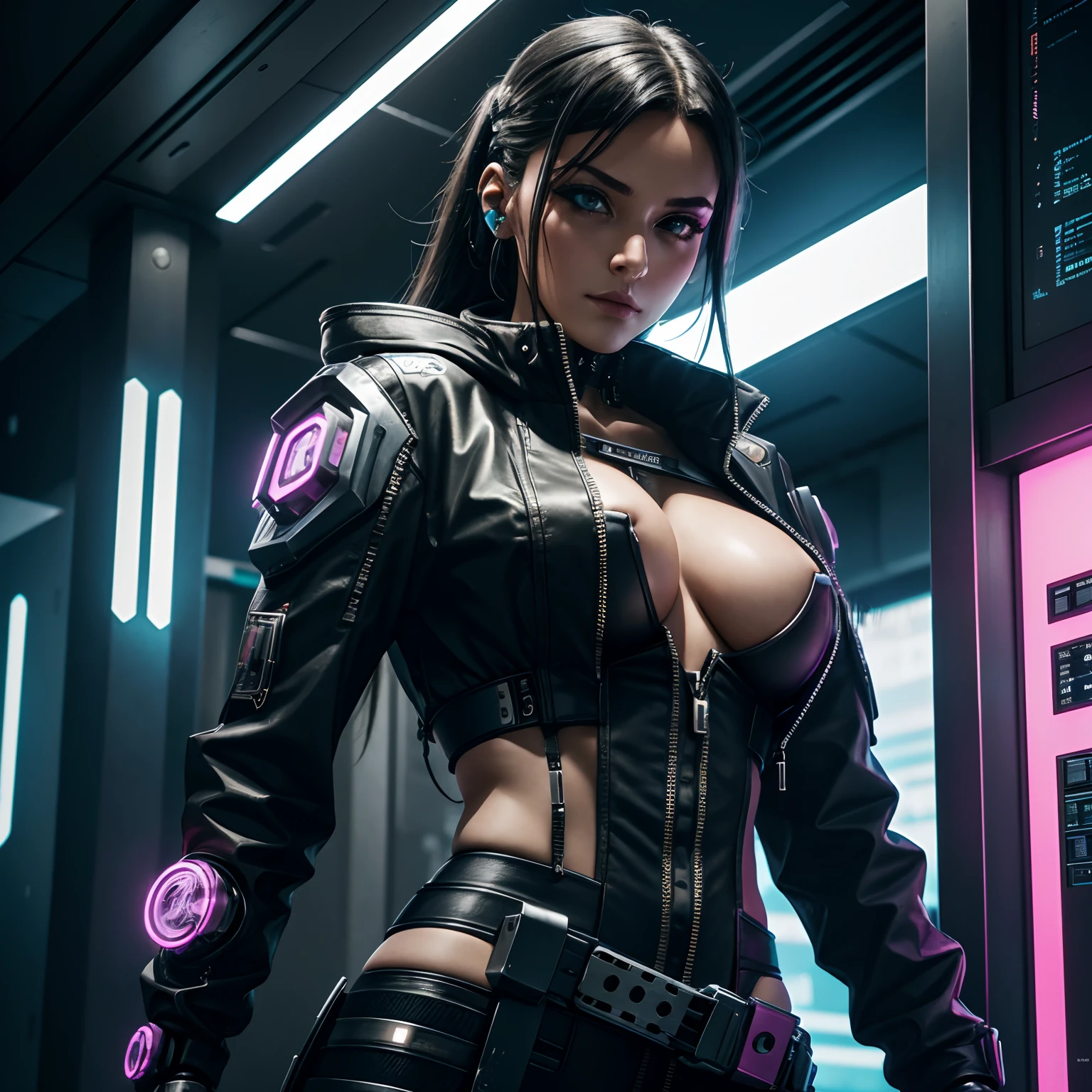 Cyberpunk Girl, Beautiful woman, hohe details, beeindruckende Details, (werkstatt im Hintergrund), ((Frau ist Mechanikerin)),