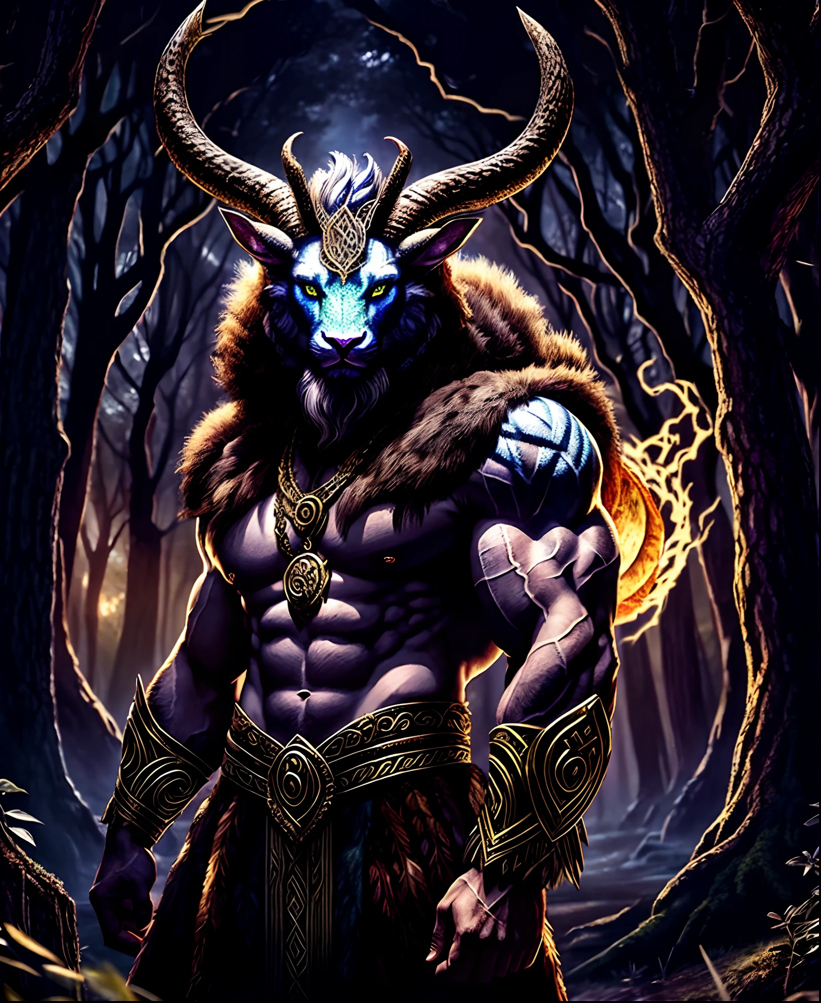 Mutant druidic god of animals, god of faun, god of preys, god of predators, mutant god, chimera god, draconic god, fur, feathers, scales, mythological portrait of the god of animals, all mighty and powerful, portrait