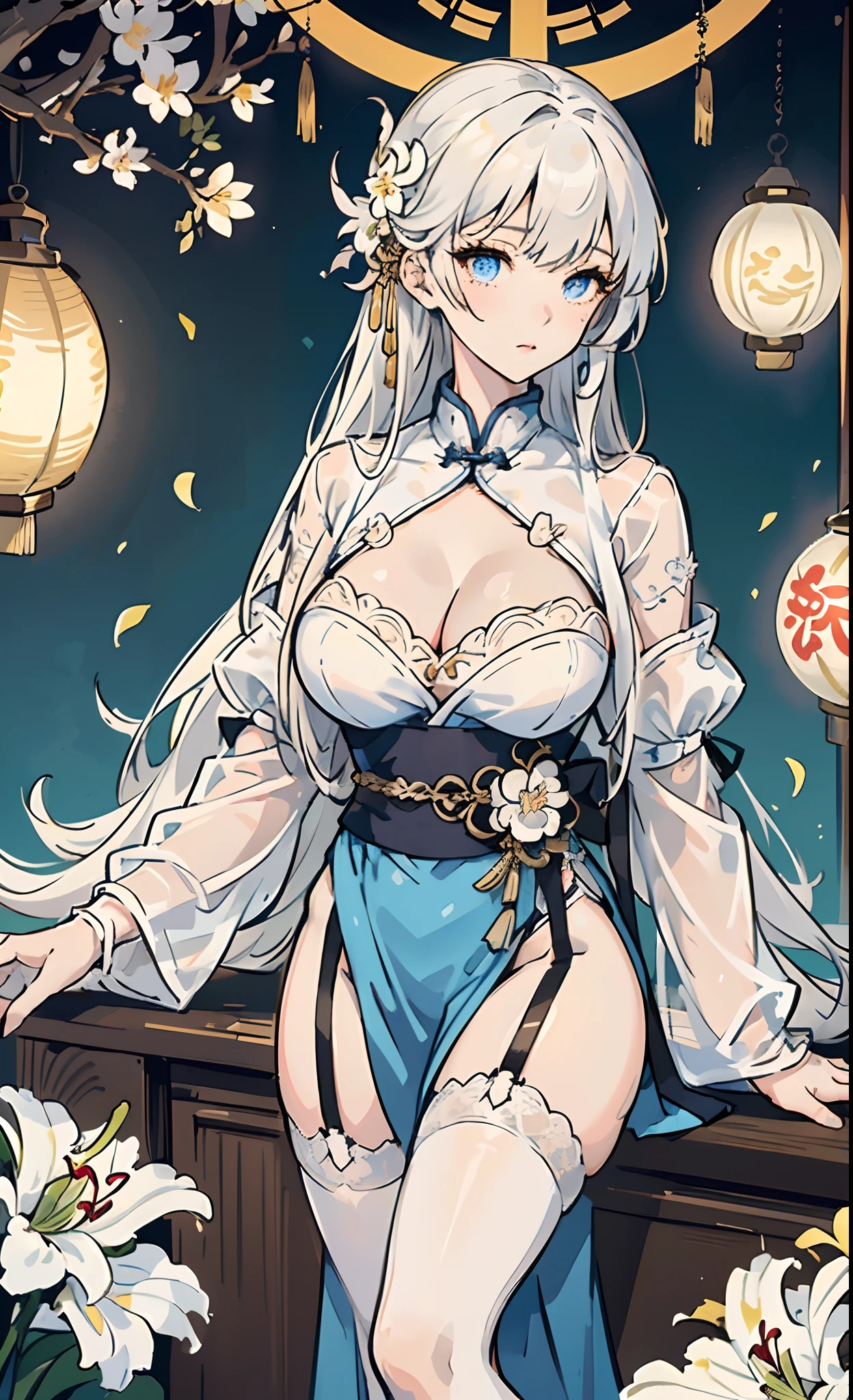 Masterpiece, Best Quality, 1girl, illustrious (The Radiance of a Maiden Lily) (azur lane), white colored hair, extra very long hair, blue eyes, hair ornaments, pectorals, cleavage, Chinese dress, Chinese Clothing, official alternate costume, White Thighs, garter straps, short sleeves, Chinese Commentary, lantern,