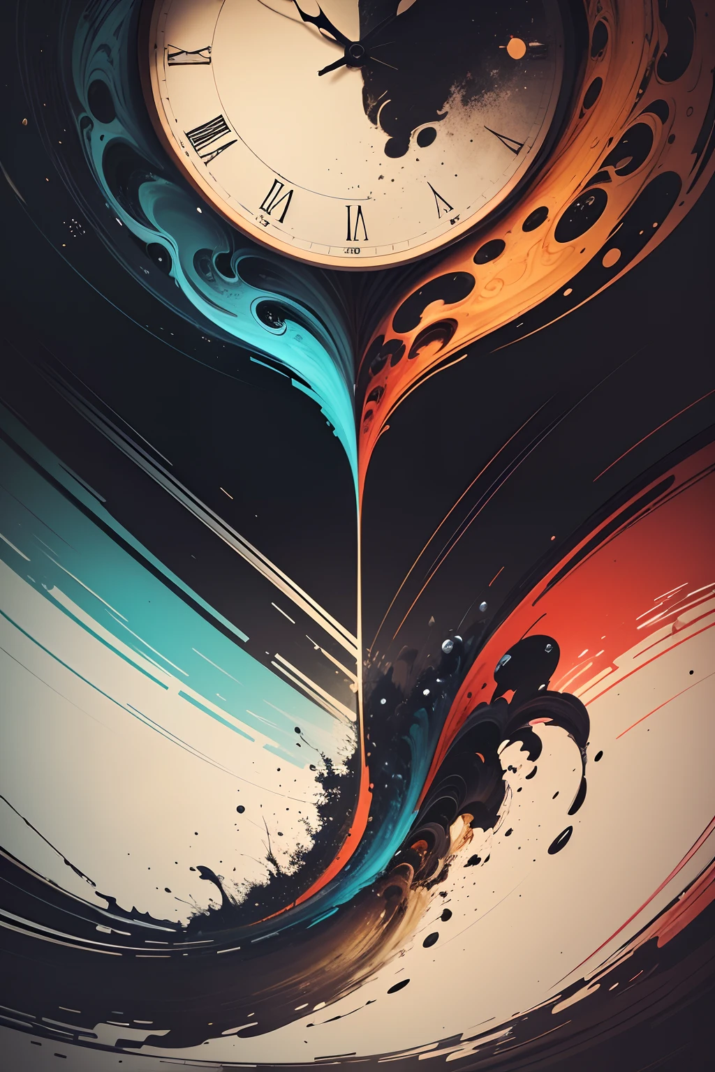Create an abstract painting capturing the concept of advancing time and the feeling of going back. Imagine a dynamic artwork where fluid brushstrokes and intricate patterns symbolize the forward motion of time and the nostalgic pull of the past. Picture elements representing clocks, hourglasses, or calendar pages merging with imagery reminiscent of memories and retro motifs. Use contrasting colors and textures to convey the complexity of emotions tied to moving forward while reminiscing about the past. Illustrate a sense of fluidity and contradiction, where the viewer can feel both the momentum of progress and the longing for what has been. Convey the intricate balance between the unstoppable march of time and the sentimental yearning for moments gone by through this visually captivating and emotionally rich abstract composition.