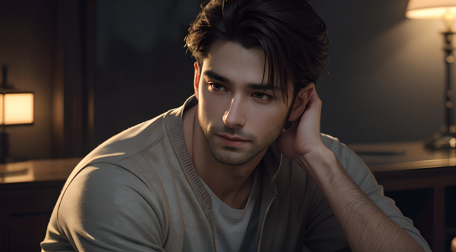 best quality, 4k, 8k, high resolution, masterpiece: 1.2, ultra-detailed, realistic: 1.37, portrait, moody lighting, impressionistic, hazy colors, soft brushstrokes, married man, young man, handsome face, full body, outfit casual, strong contrasts between light and shadow,