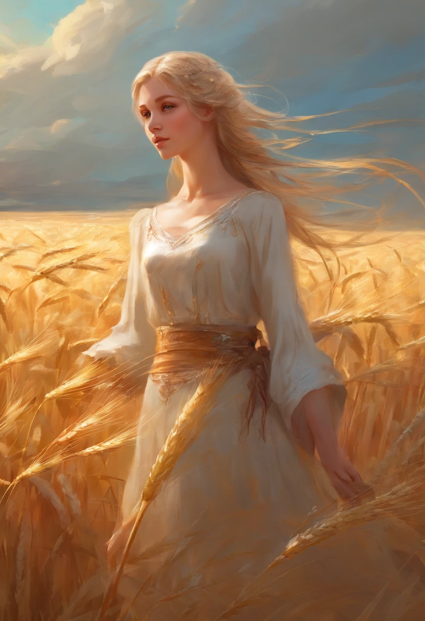 Russian girls working in a wheat field
