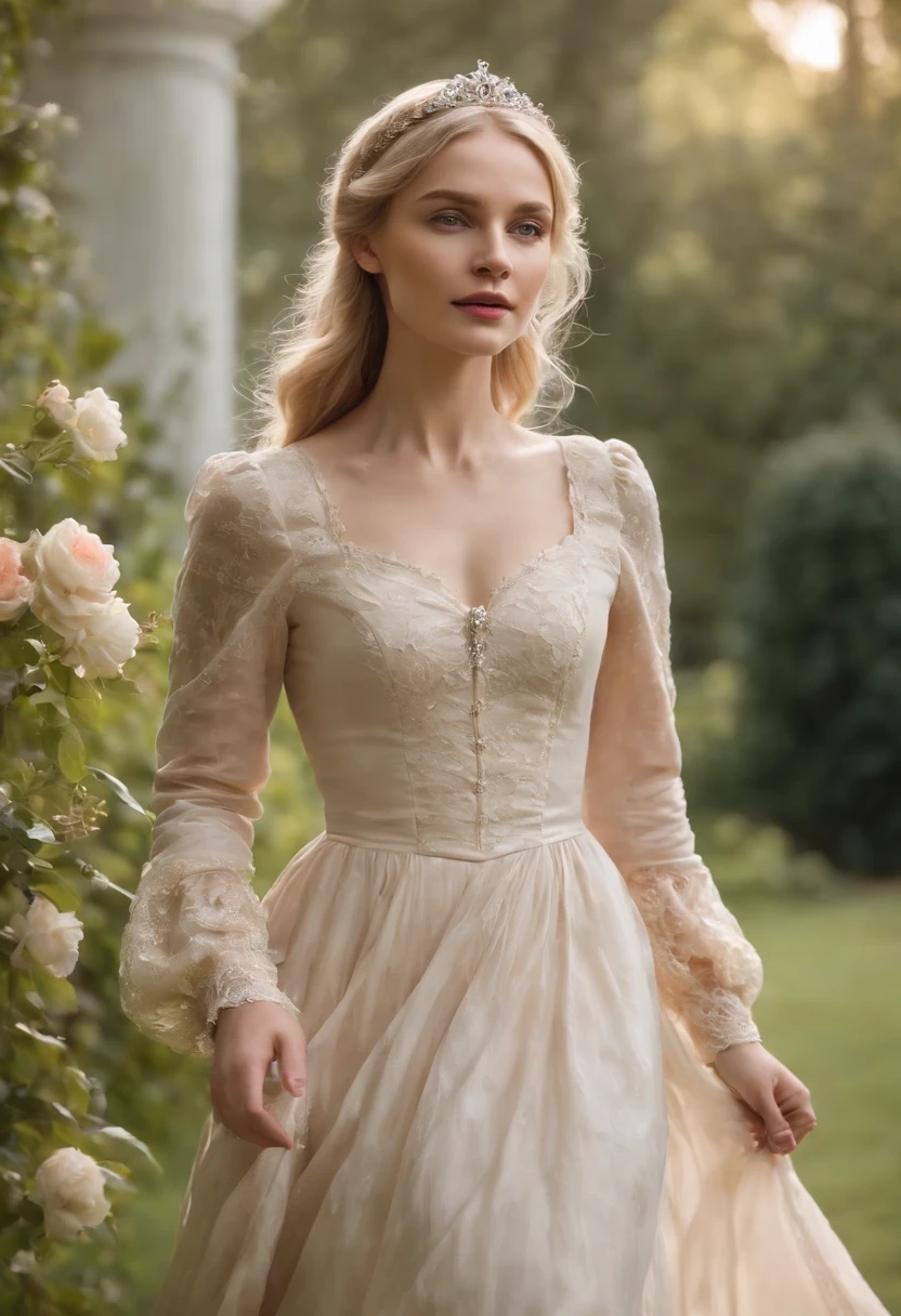 A stunningly beautiful blonde fairytale Princess walking through a garden wearing an elegant Victorian morning dress