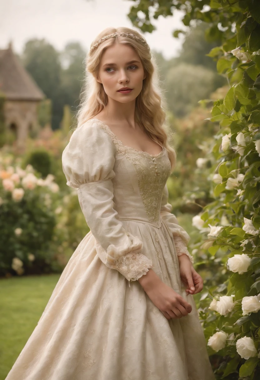 A stunningly beautiful blonde fairytale Princess walking through a garden wearing an elegant Victorian morning dress